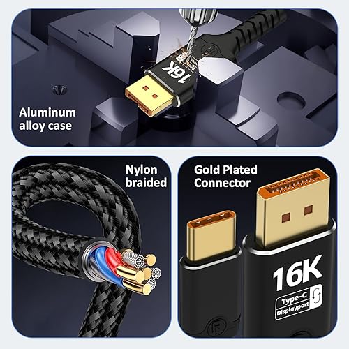 Miniatura 8 de Herfair Displayport a USB C bidireccional USB C a DisplayPort 2.1 Cable compatible con resolución 16K @60Hz 8K @120Hz Thunderbolt 5 trenzado