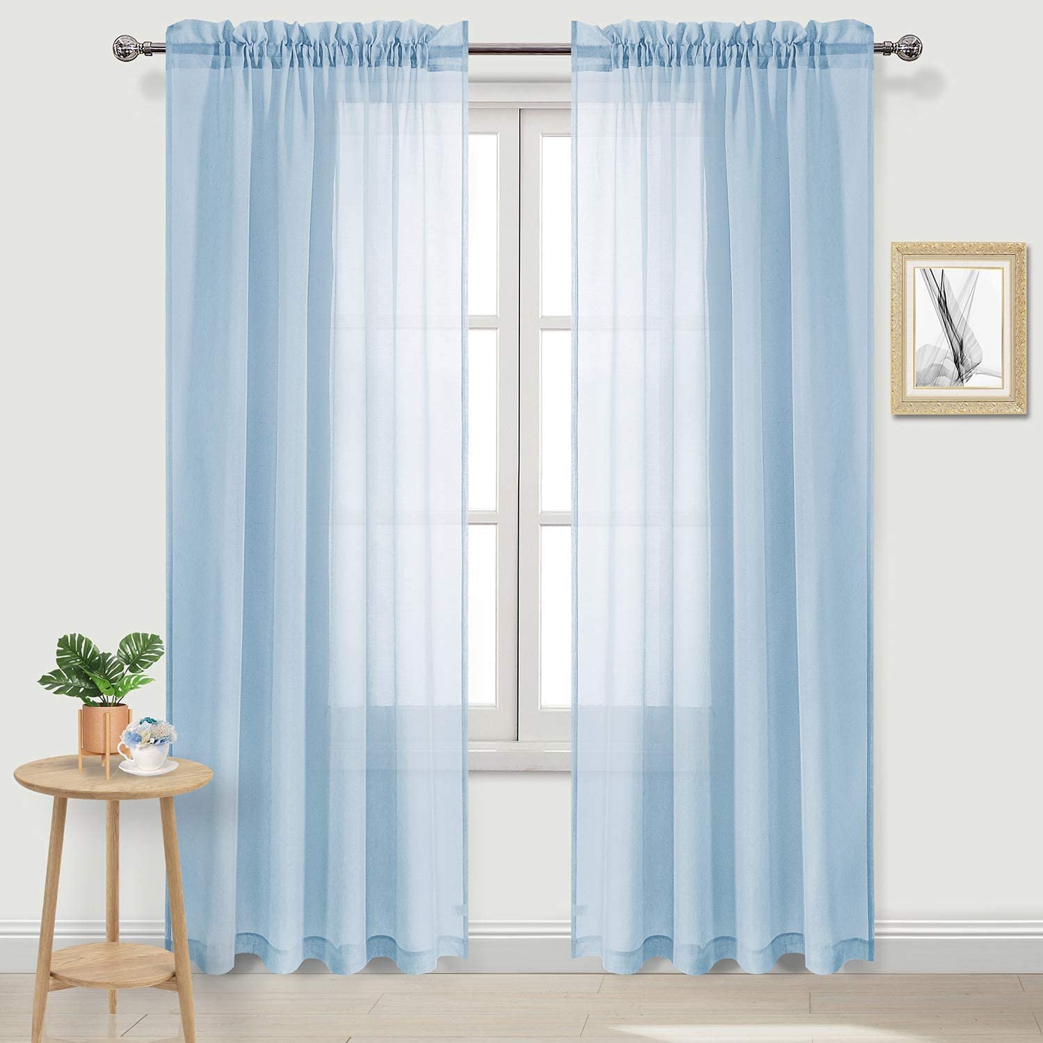 DWCN Sky Blue Sheer Curtains Semi Transparent Voile Rod Pocket Curtains for Bedroom and Living Room, 42 x 84 inches Long, Set of 2 Panels