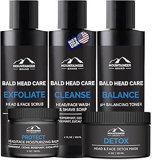 Mountaineer Brand Ultimate Bald Head Care Gifts Bundle For Men | All Natural 5 Step Skin Care for Healthy Scalp & Face | Exfoliate Scrub | Cleanse Wash | Shine Away | Moisturizing Balm | Detox