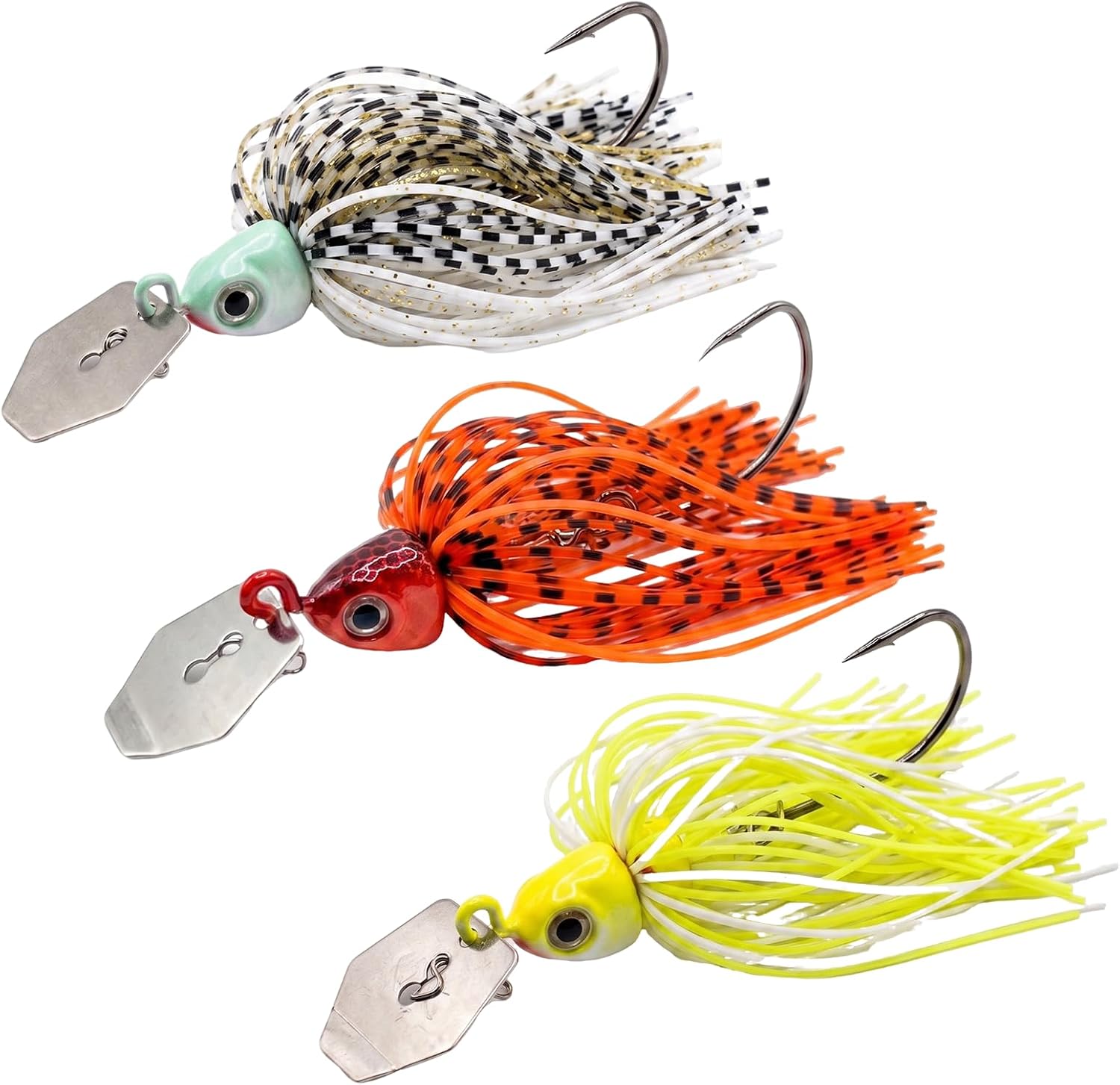 Keenjorika Bladed Jig Fishing Lures, 3-Pack Chatterbait Fishing Lures Set, Weedless Chatterbaits for Bass Fishing, Vibrating Action Swim Jig, Silicone Skirt, Lifelike Eye, 3/8 oz Size