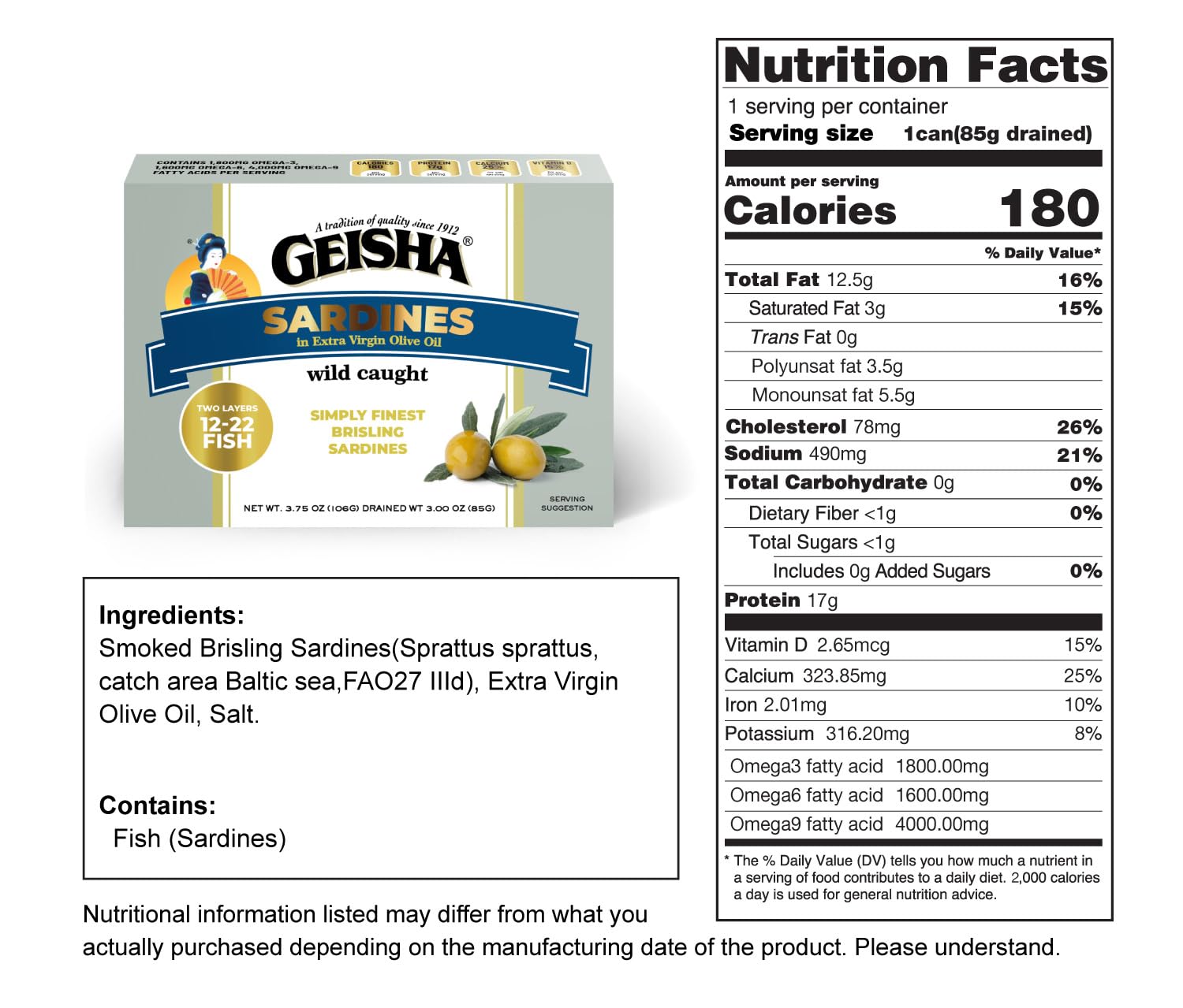 GEISHA Sardines in Extra Virgin Olive Oil 3.75OZ. (Pack of 9), Brisling Sardines | No Trans fat － Gluten Free－NON-GMO － BPA NI－Excellent Source of Protein－Ready to Eat －Omega3 fatty acid 1,800mg－Omega6 fatty acid 1,600mg－Omega9 fatty acid 4,000mg