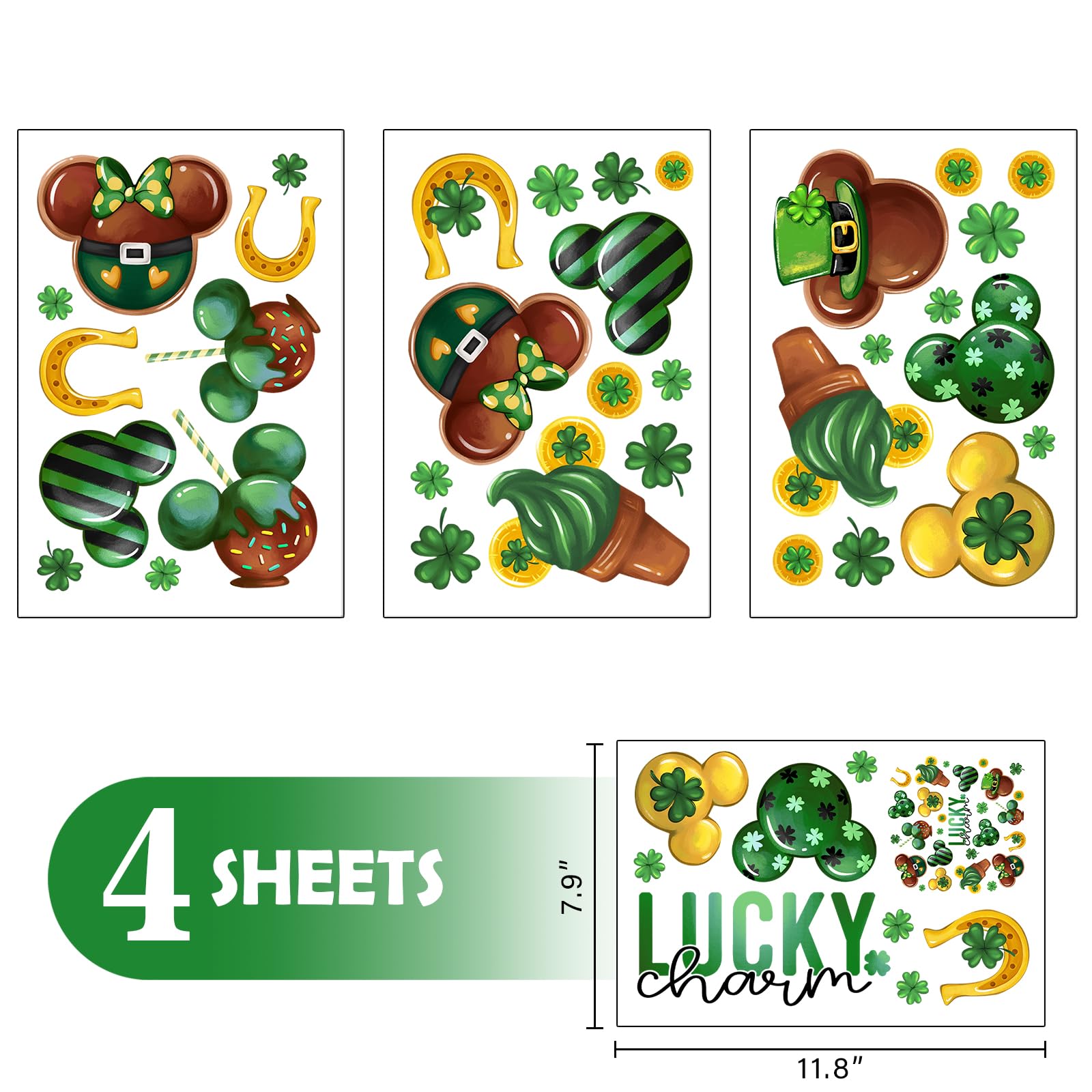 Pycat Happy St Patricks Day Window Clings 4 Sheets, Lucky Charm Dessert Cookie Ice Cream Shamrock Clover Stickers Decals Decorations, Spring Irish Gold Coin Horseshoe Home Kitchen Decor