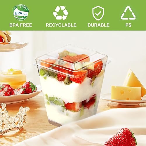 Miniatura 5 de Paquete de 50 tazas de postre de plástico de 5 onzas con tapas y cucharas, tazas de aperitivo de yogur para fiestas, mini tiradores de postre para