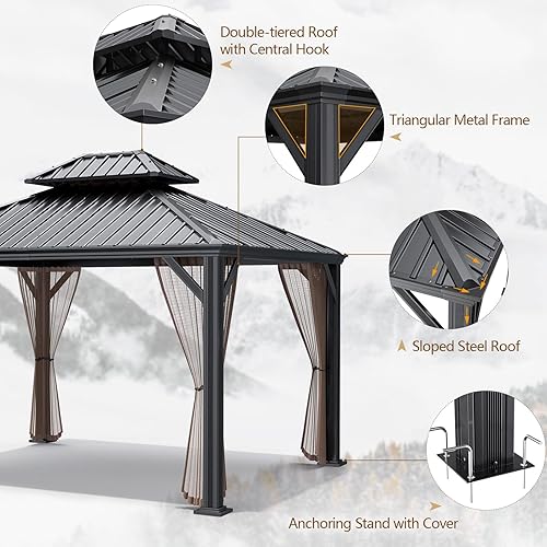 Miniatura 7 de Tangkula Gazebo de techo duro de 12 pies x 10 pies, cenador de 2 niveles para exteriores con techo doble ventilado y gancho central, marco de acero