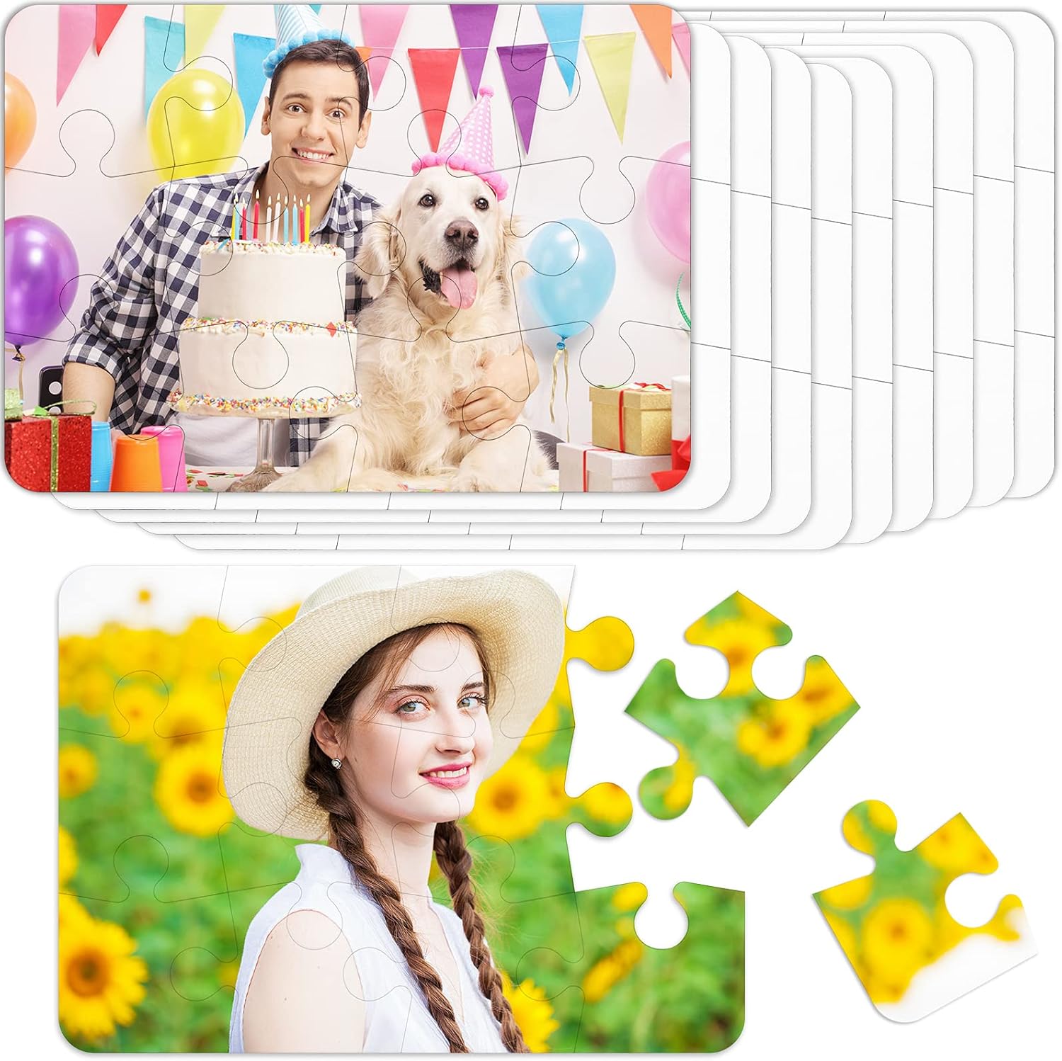 Sumind 10 Sets Blank Sublimation Puzzle Jigsaw Rectangle Make Your Own Heart Shaped White DIY Press Thermal Transfer Puzzle Gift for Summer Office(A5-12 Rectangle)