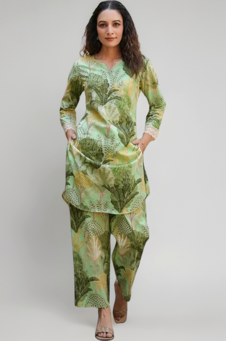 NAINVISH Women's Cotton Blend Green Printed V-Neck Co-ord Set | Daily & Casual Wear
