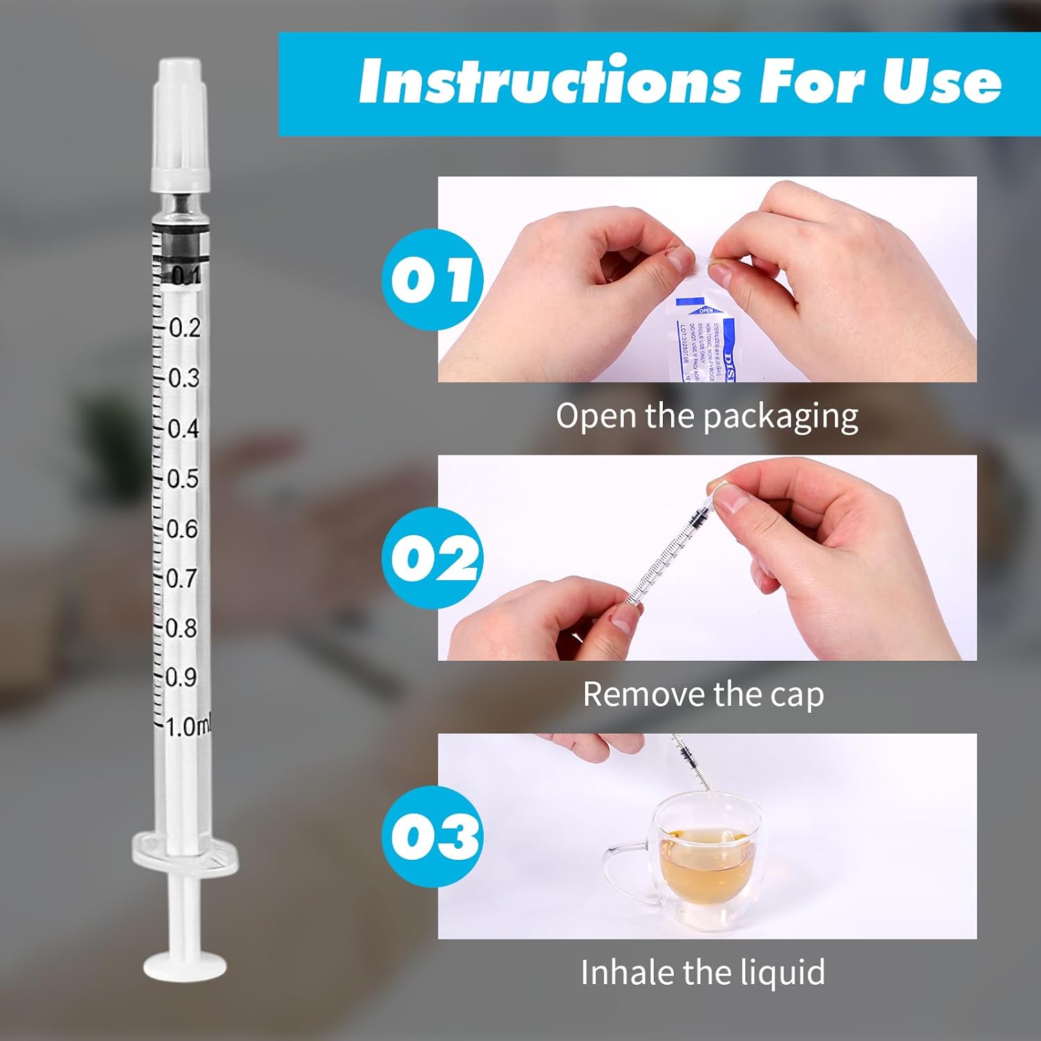 Plastic Syringe, Plastic Syringes Without Needle, Set of 100 1ml Syringes with Lid, Sterile Plastic Syringe for Kitchen, Pets, Liquid Refill and Measuring