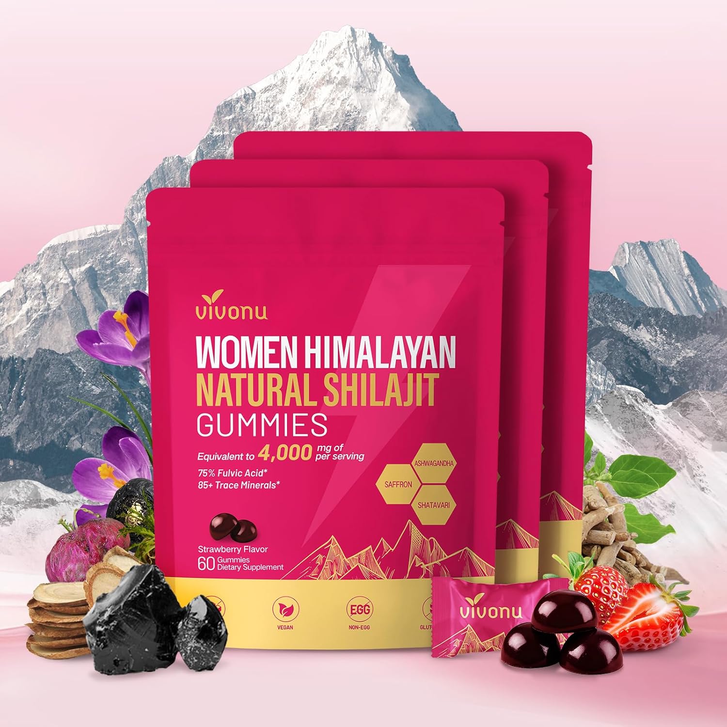 Shilajit for Women Gummies, micronutrient Supplement, Pure Himalayan Shilajitn, Contains Tongkat Ali, Ashwagandhaa, Turmeric, Saffron for hormonal Balance & Energy | Strawberry Flavor (120 Gummies)