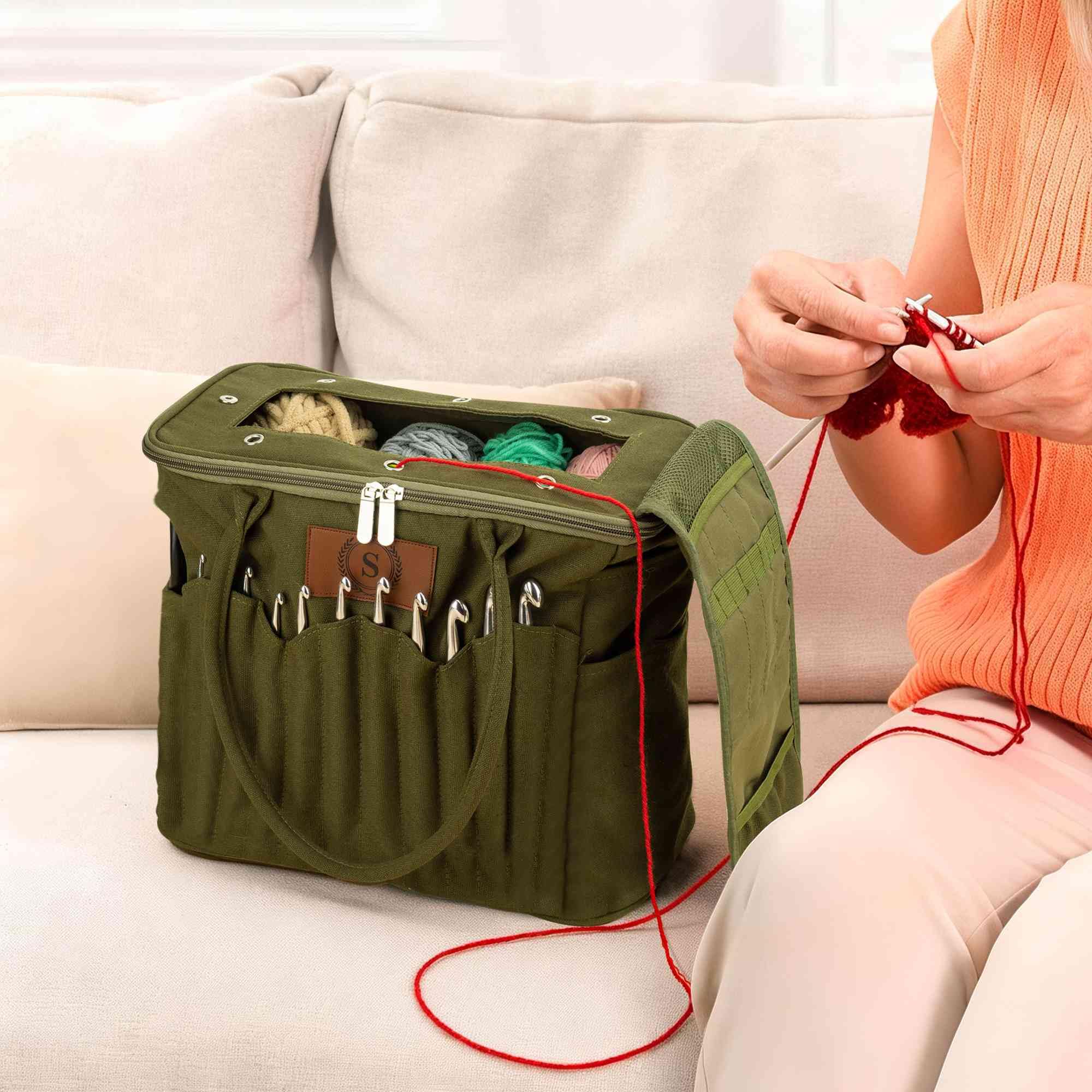 Bolsa de almacenamiento personalizada para tejer para mujer, bolsa de hilo de lona grande, organizador de ganchillo, bolsa de viaje portátil con bolsillos para agujas, estuche de ganchillo, regalo de
