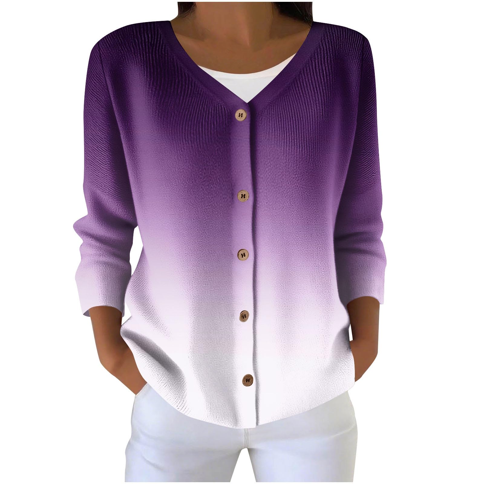 Cardigan Sweaters for Women Button Down V Neck Gradient Knitted Cardigans Fall Loose Boho Long Sleeve Outerwear