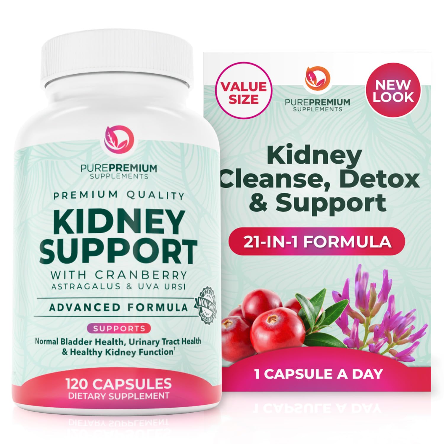 PurePremium Kidney Support Supplement – Kidney Cleanse Detox & Repair with Cranberry Extract & Astragalus - 21-in-1 Complex Supports Normal Bladder, Urinary Tract & Kidneys Health - 120 Day Supply