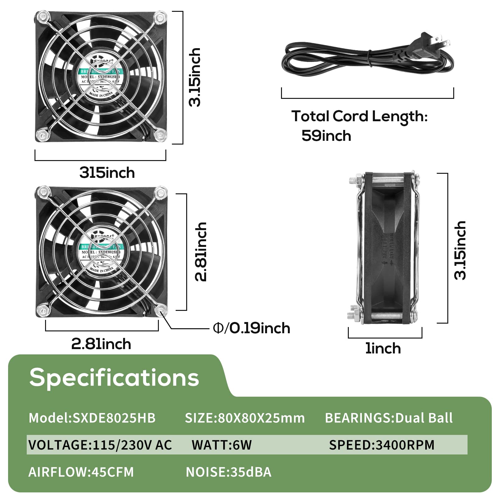 EC 3.150 in 8025 Ventilador de enfriamiento 3.150 in x 3.150 in x 0.984 in AC 110V 115V 120V 220V 240V Rodamiento de bolas dual de alta velocidad 3