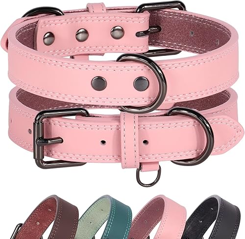 Didog Collar de perro de cuero genuino, duradero y suave, resistente con anillos dobles en D, collar de perro rosa ajustable con hebilla de metal
