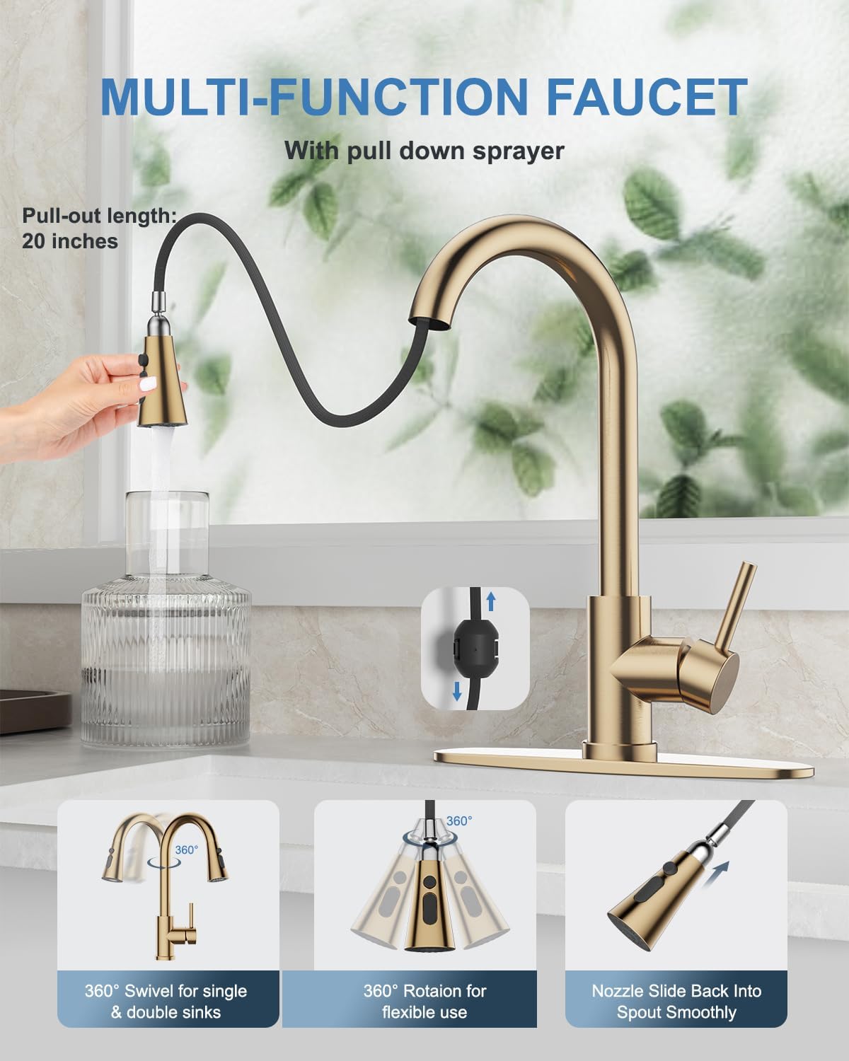 Kitchen Faucets with Pull Down Sprayer, Gold, High Arc Single Handle Stainless Steel Sink Faucet 1 or 3 Hole, Suitable for Farmhouse Laundry Rv Bar, 3 Mode (Stream/Spray/Sweep)