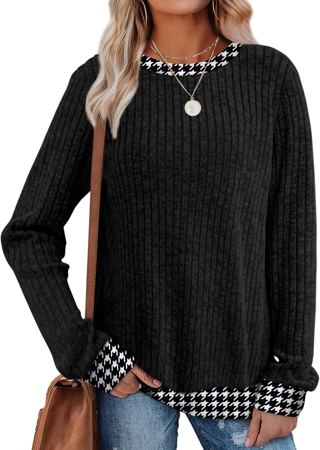 Sampeel Womens Tops Long Sleeve Shirts Lightweight Sweaters Loose Fit Crewneck Color Block Fall Fashion Outfits