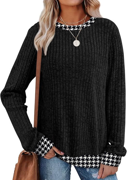 Sampeel Womens Tops Long Sleeve Shirts Lightweight Sweaters Loose Fit Crewneck Color Block Fall Fashion Outfits