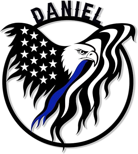 Miniatura 5 de Letrero personalizado de metal de policía, bandera estadounidense delgada de línea azul, letrero colgante de bienvenida al aire libre para porche –