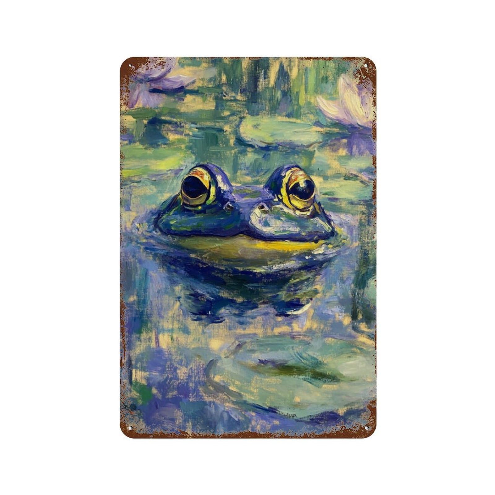 Rust Effect Frog in Lily Pond Painting Rustic Tin Plaque 11.8"x7.9", Classic Wall Plaque for Shed, Workshop And Garage Wall Decor