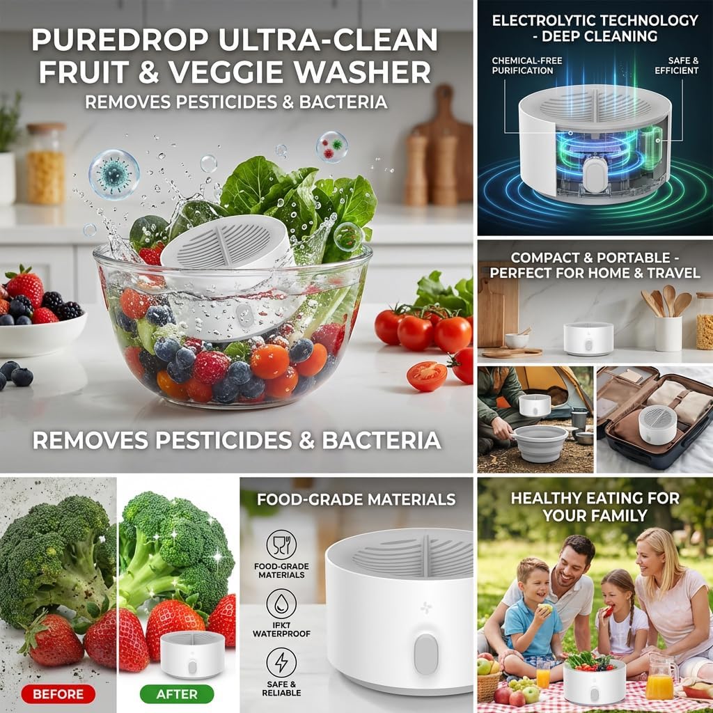 Puribreeze Produce Cleaner, Best Ultrasonic Vegetable Cleaner, Veggie Cleaning Machine, Deep Cleaning Surface Residues, Ipx7 Waterproof Cordless Device for Berries Meat (1pcs)