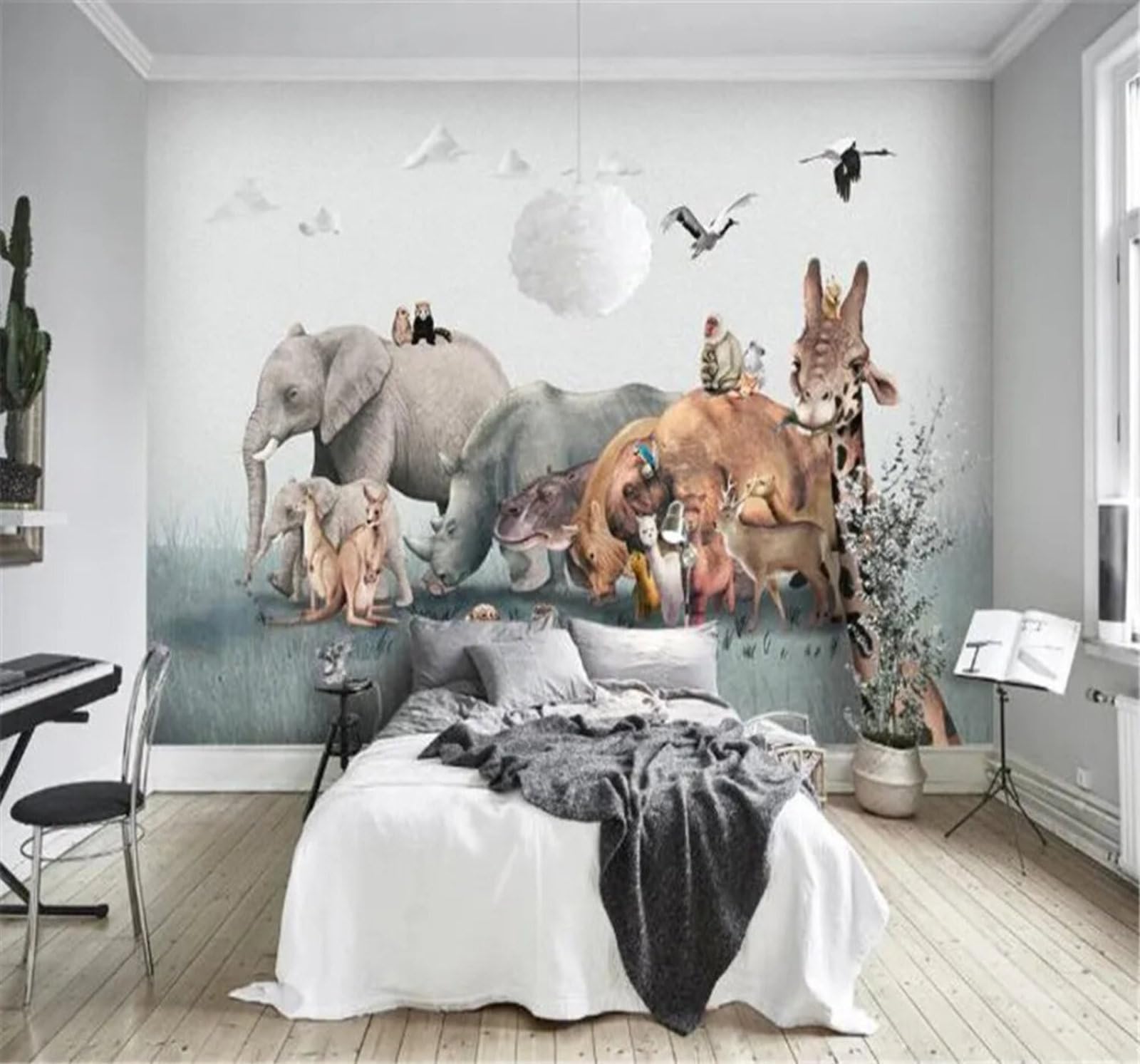 Tzxztt Minimalist Three Dimensional Animals Hand Drawn Cartoon Modern 3D Wallpaper Premium Textured Silk Neutral Tones Material Ideal for Living Room Bedroom-250cm×170cm