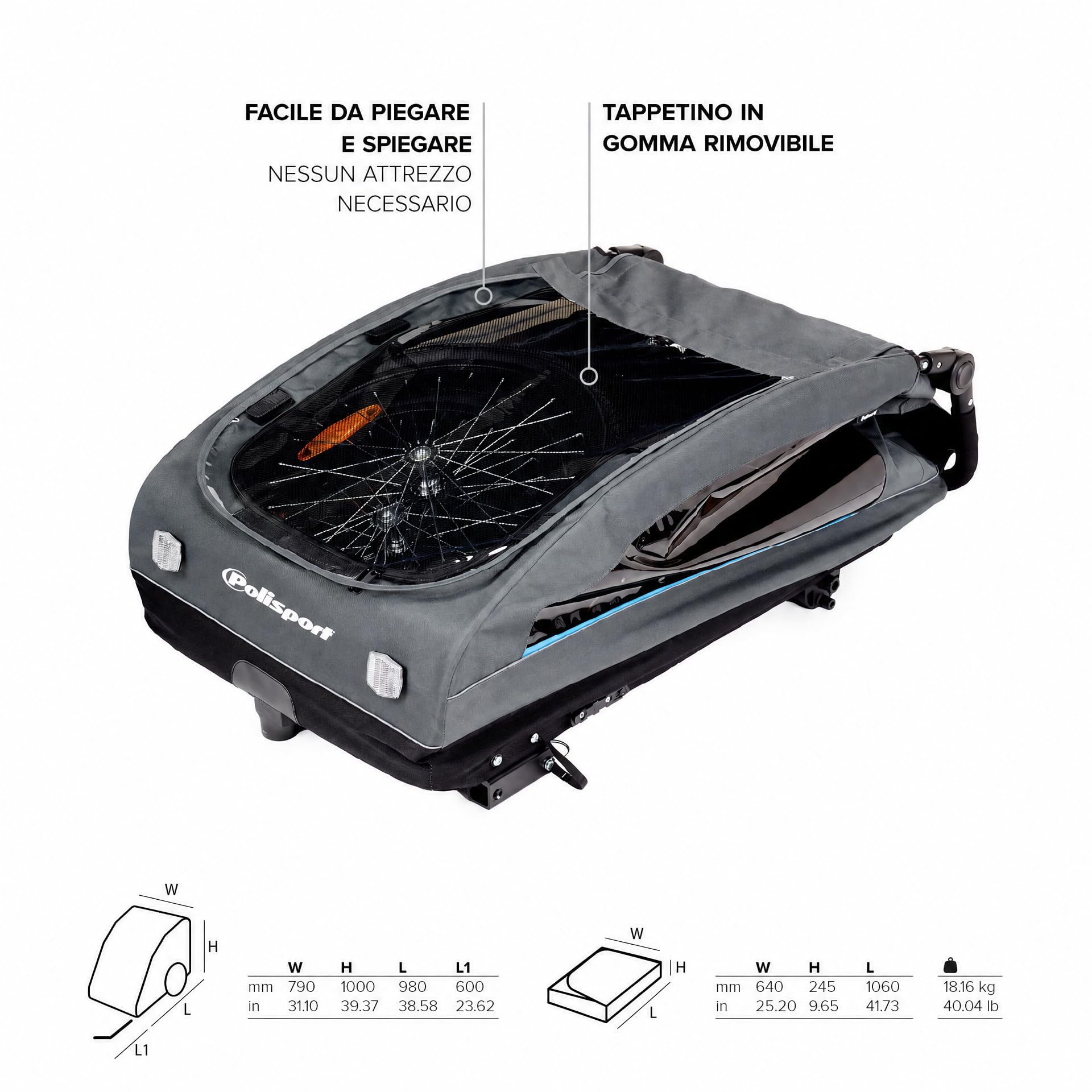 Polisport Rimorchio Bici Bambini 2 in 1 con Passeggino, Nero/Grigio