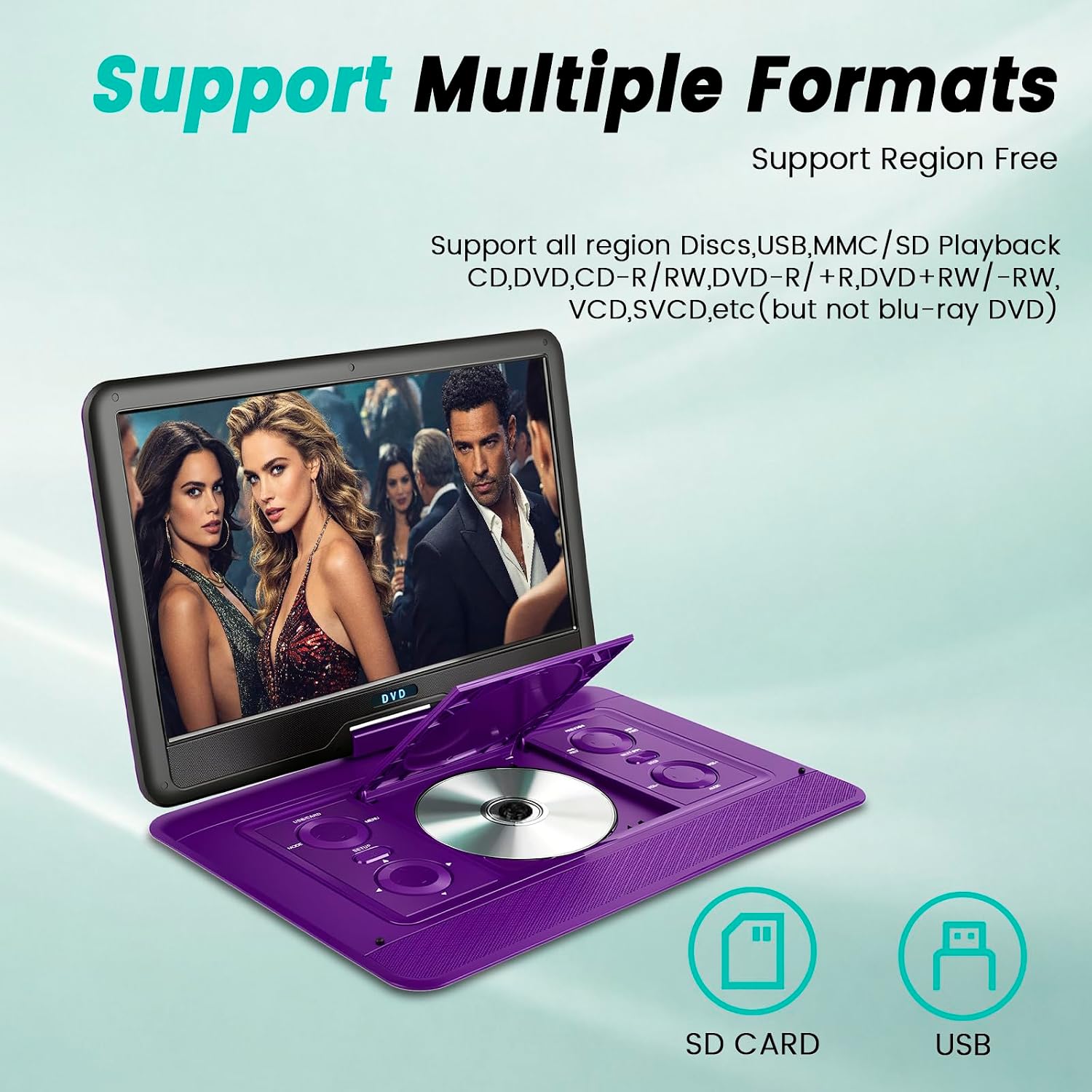 17.5" Portable DVD Player for Kids,15.6" Large HD Screen,5 Hours Rechargeable Battery,Support USB/SD Card/Sync TV and Multiple Disc Formats,High Speaker (Purple)