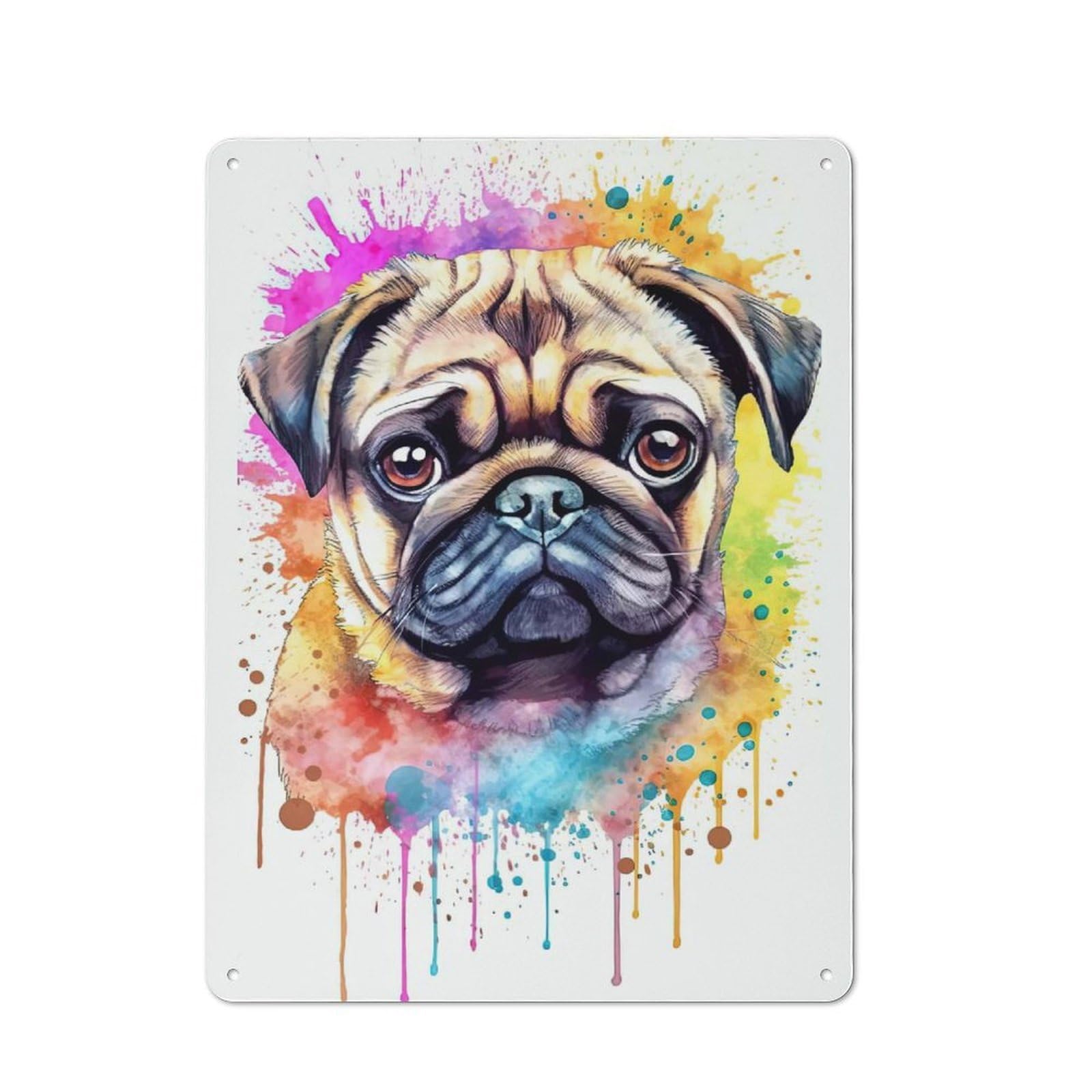 Classic Metal Plaque 40x30cm Featuring Watercolor Pug Puppy, Bistro Wall Plaque for Kitchen, Cafe, Pantry Or Dining Room