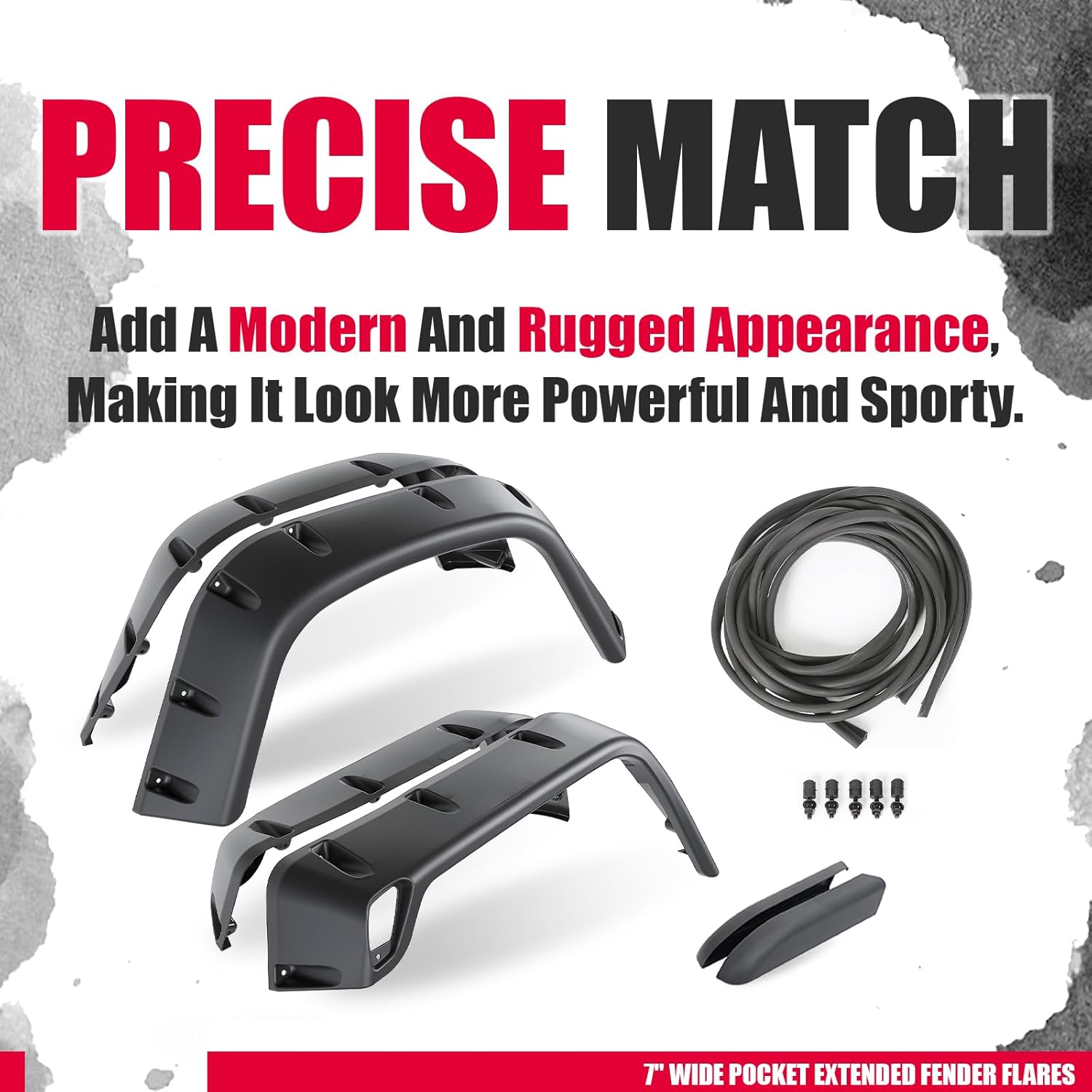 Kojem 7" Fender Flares Compatible with 1997-2006 Jeep Wrangler TJ 2004-2006 Wrangler LJ, Smooth Pocket-Riveted Extended Style Wheel Protector Textured Black 6Pcs