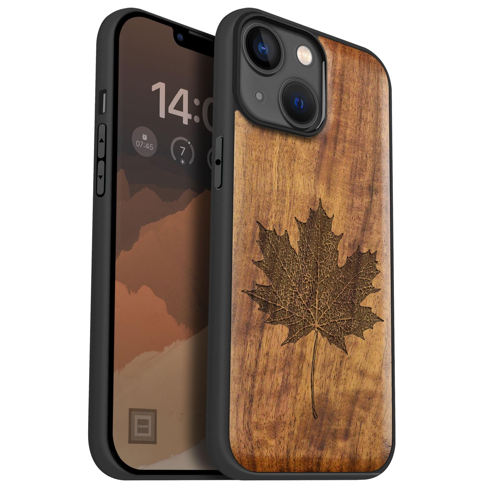 Carveit Magnetic Wood Case for iPhone 14 Case [Natural Wood & Black Soft TPU] Shockproof Protective Cover Unique Wooden Case Compatible with magsafe (
