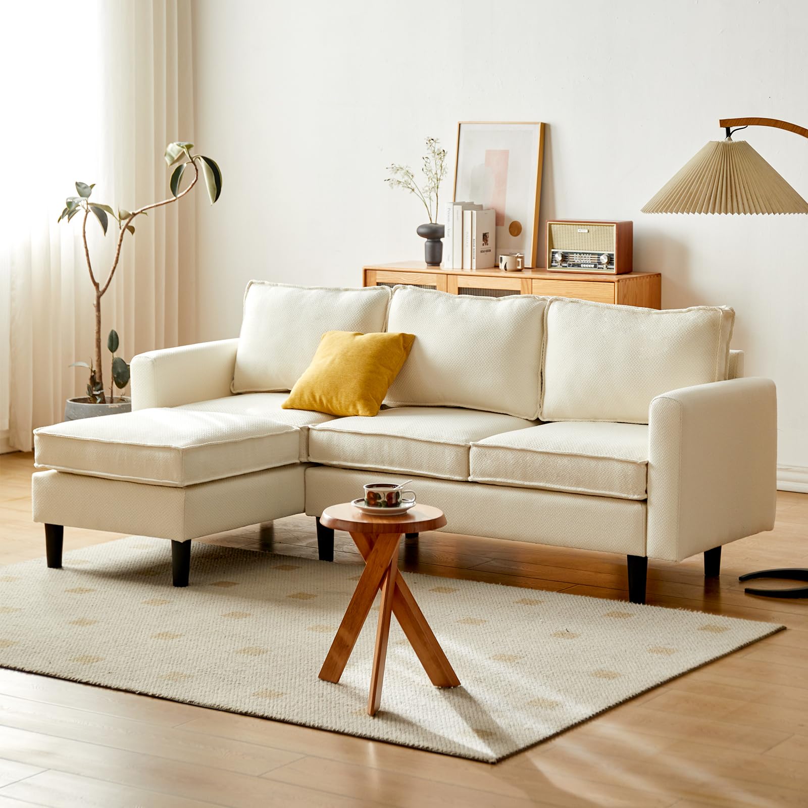 Cpintltr L shaped couch, 3 Seat Linen Futon Sofa Bed, Convertible Sleeper Sofa with Tapered Wood Legs, Mid Century Modern Couches for Bedroom Beige (Incomplete Box 1/2 )