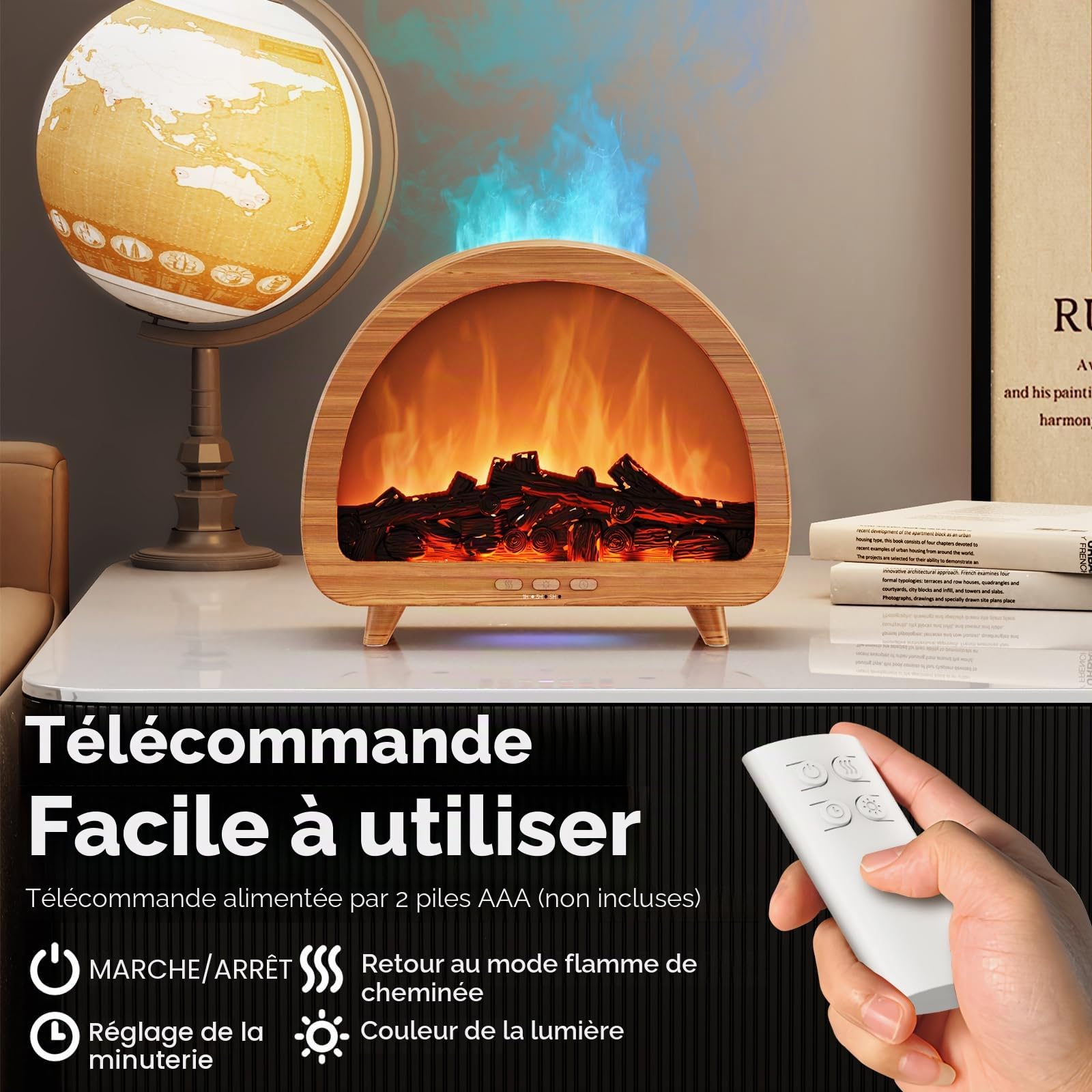 Diffuserlove Diffuseur d'huiles essentielles pour cheminée - Diffuseur de parfum d'aromathérapie à flamme - Machine à huile de diffuseur de brume froide - Diffuseur d'air avec feu factice coloré