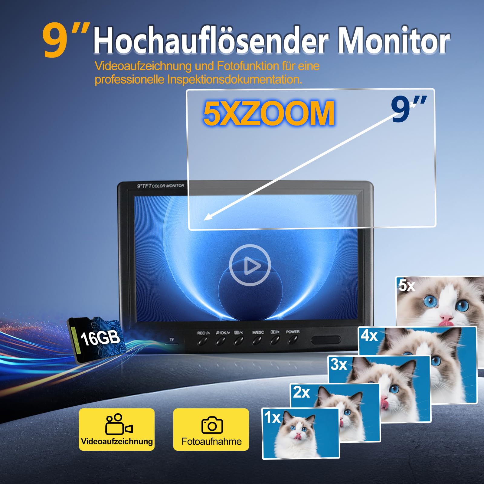 Kanalkamera mit 512-Hz-Ortungsgerät, 50 m, selbstnivellierende 9-Zoll-IPS-Rohrkamera mit 7-mm-Kabel und Griff,Endoskopkamera mit 12 LEDs, 16GB SD-Karte, für Kanalrohre