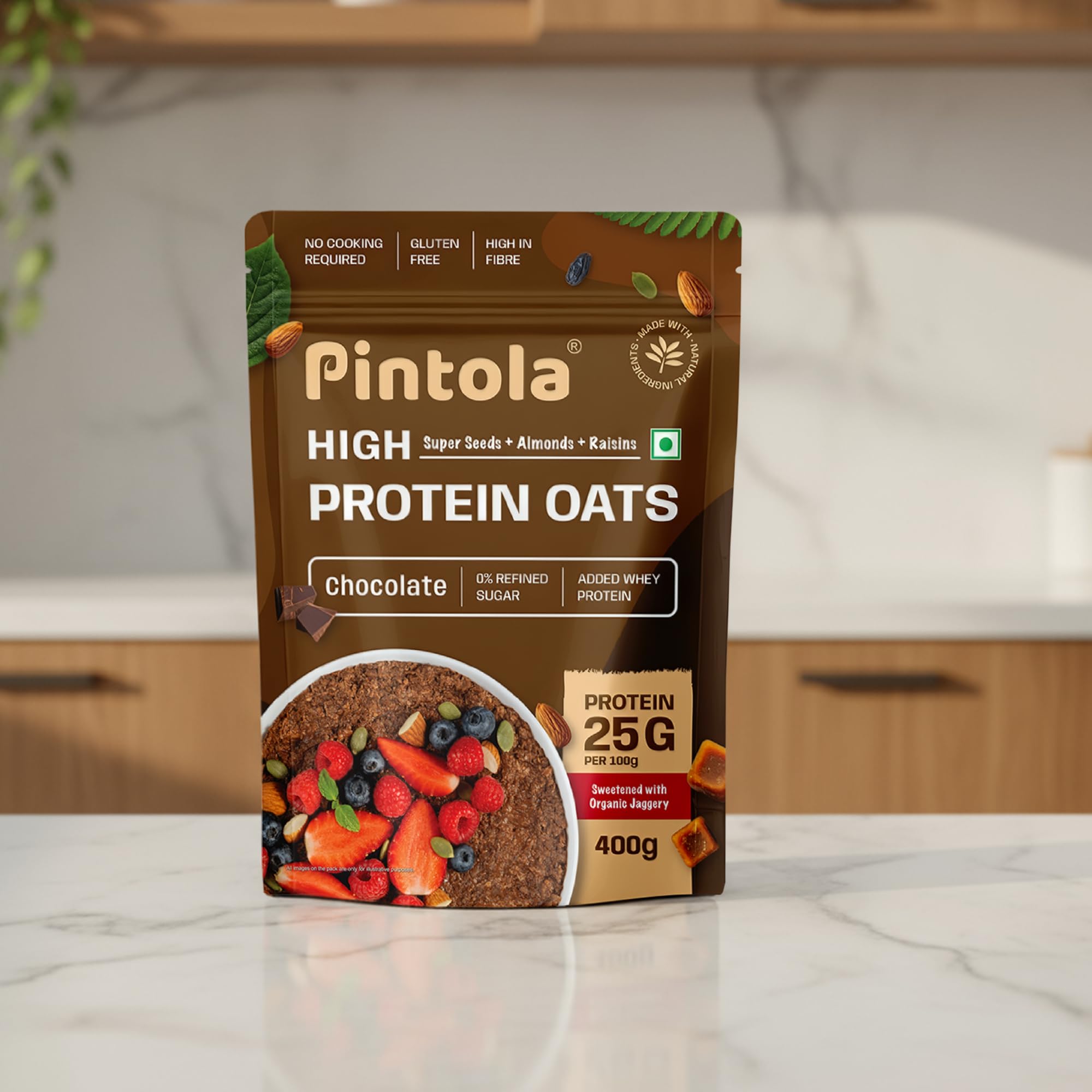 PINTOLA 25g High Protein Oats 400g, Dark Chocolate,No Refined Sugar, with Almonds Raisin, Pumpkin and Chia Seeds, 8g Fibre, Rolled Oats for weight loss, Breakfast Cereals | Gluten Free