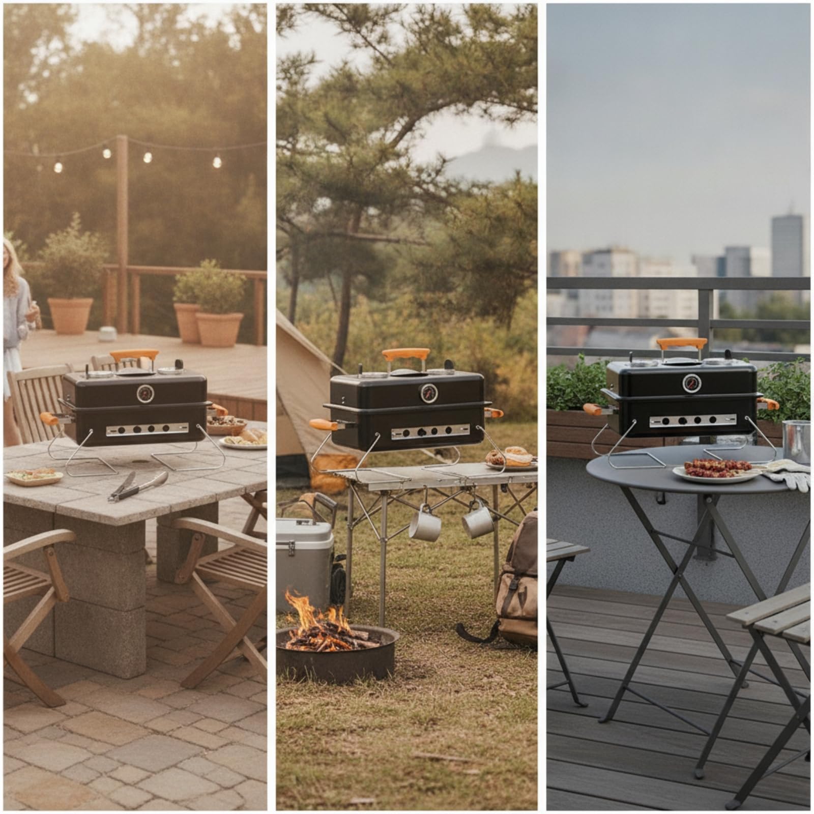 Barbecue a Carbone Portatile Adatto Al Campeggio Barbecue con Coperchio Robusto Griglia Portatile con Termometro per Campeggiatori, Giardino