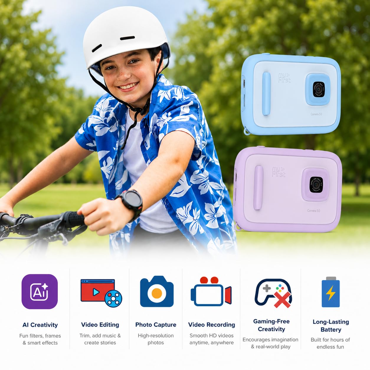 myFirst Cámara 50 - Cámara editora de IA para niños, Fotos de 20 MP, Video 1080P, Lente Frontal y Selfie. Conexión WiFi, Bluetooth, Escucha música. A Partir de 5 años. Conexión con myFirst Circle.