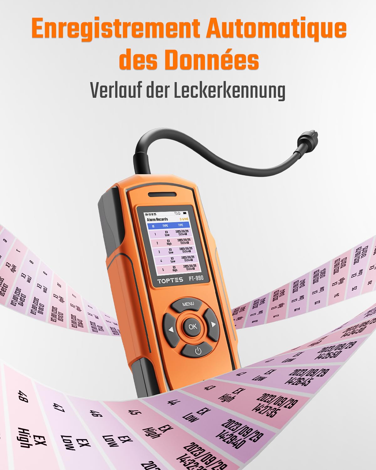TopTes Détecteur de Gaz Rechargeable PT-990 avec Une Sonde de 28 cm, Plage 0–10 000 ppm, Enregistrement des données et 3 Types d’Alarme, Détecteur de Fuite de Gaz pour Propane, méthane - Orange