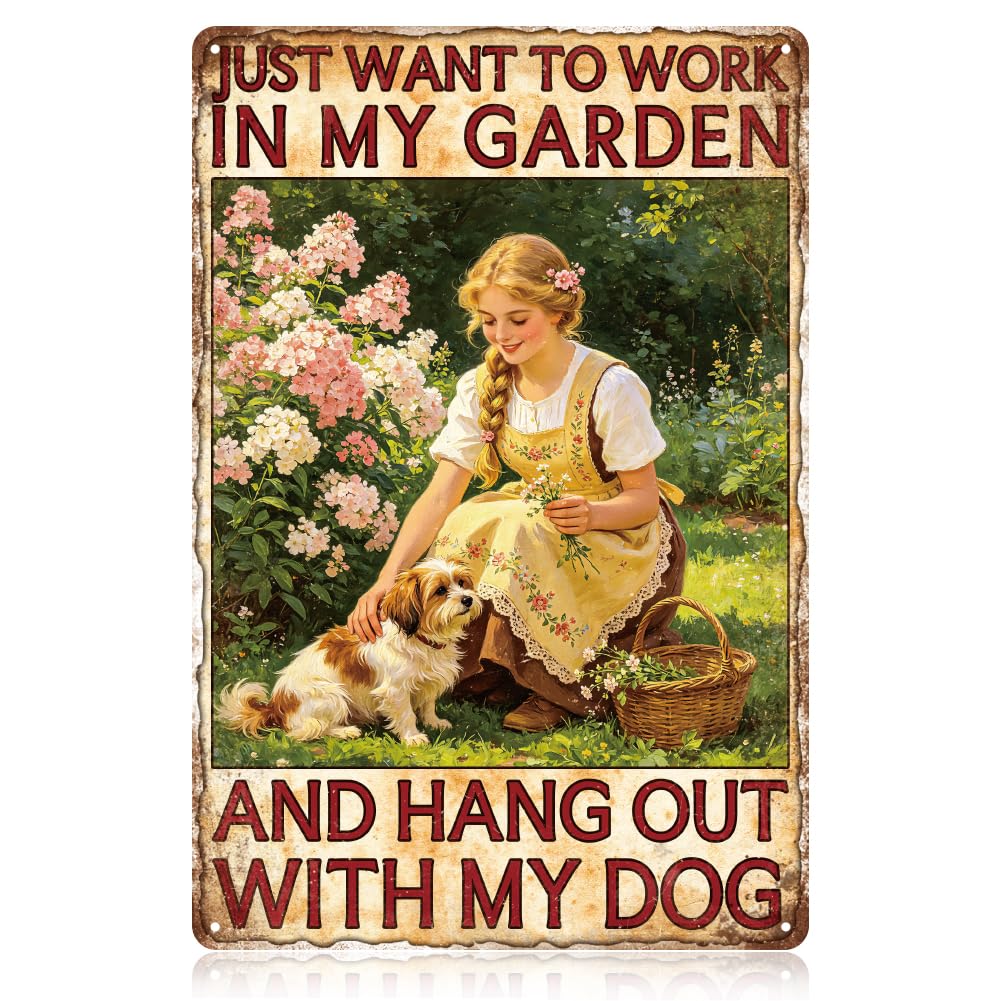 WADORN Gardening Flowers Dog Vintage Metal Tin Signs, 8x12 Inch I Just Want to Work in My Garden and Hang Out with My Dog Retro Wall Art Plaque Poster for Farmhouse Garden Patio Porch Yard Outdoor