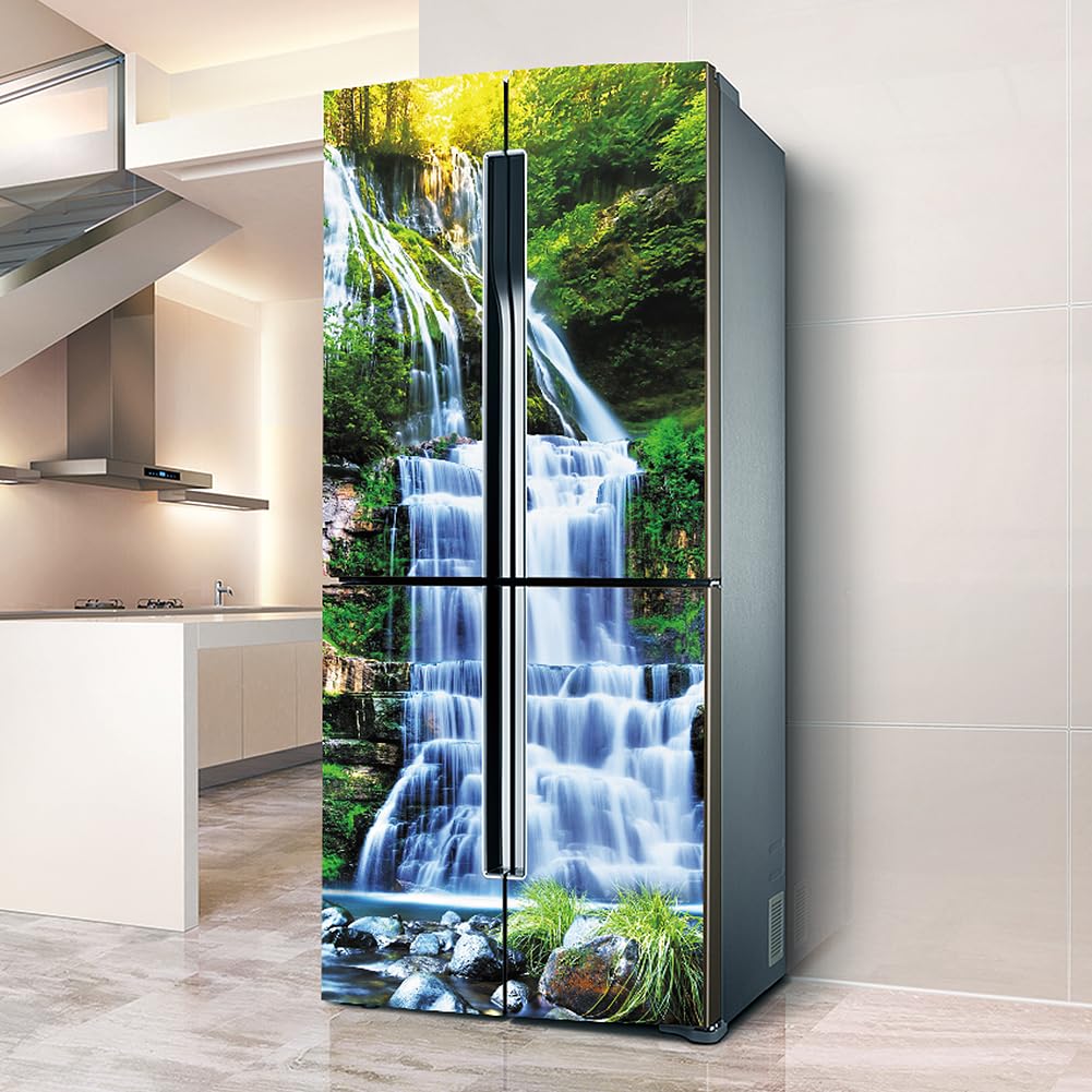 Myxjx One Color Fridge Wrap, Full Covering Door Fridge Covers Skins Wall Stickers For Kitchen Decal, Waterfall Green Tree Landscape