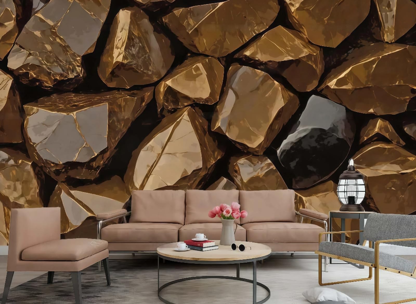 Nowoczesna tapeta złoty kamień sztuka geometryczne malarstwo na skale telewizor sofa tło ściana sypialnia salon gabinet mural 3D, 250 x 175 cm