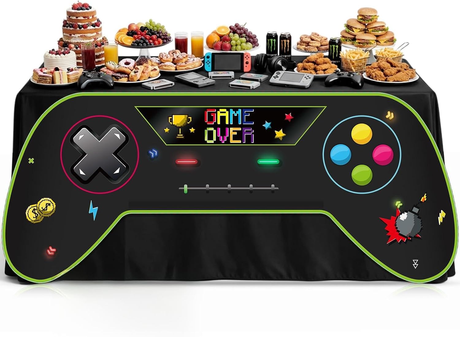Shappy 2 Pcs Video Game Tablecloth Decor 85 x 132 Inch Gaming Theme Tablecloth 6 ft Game Controller Shaped Decoration Polyester Washable Gaming Party Table Cover for Gamer Player Birthday Party Decor