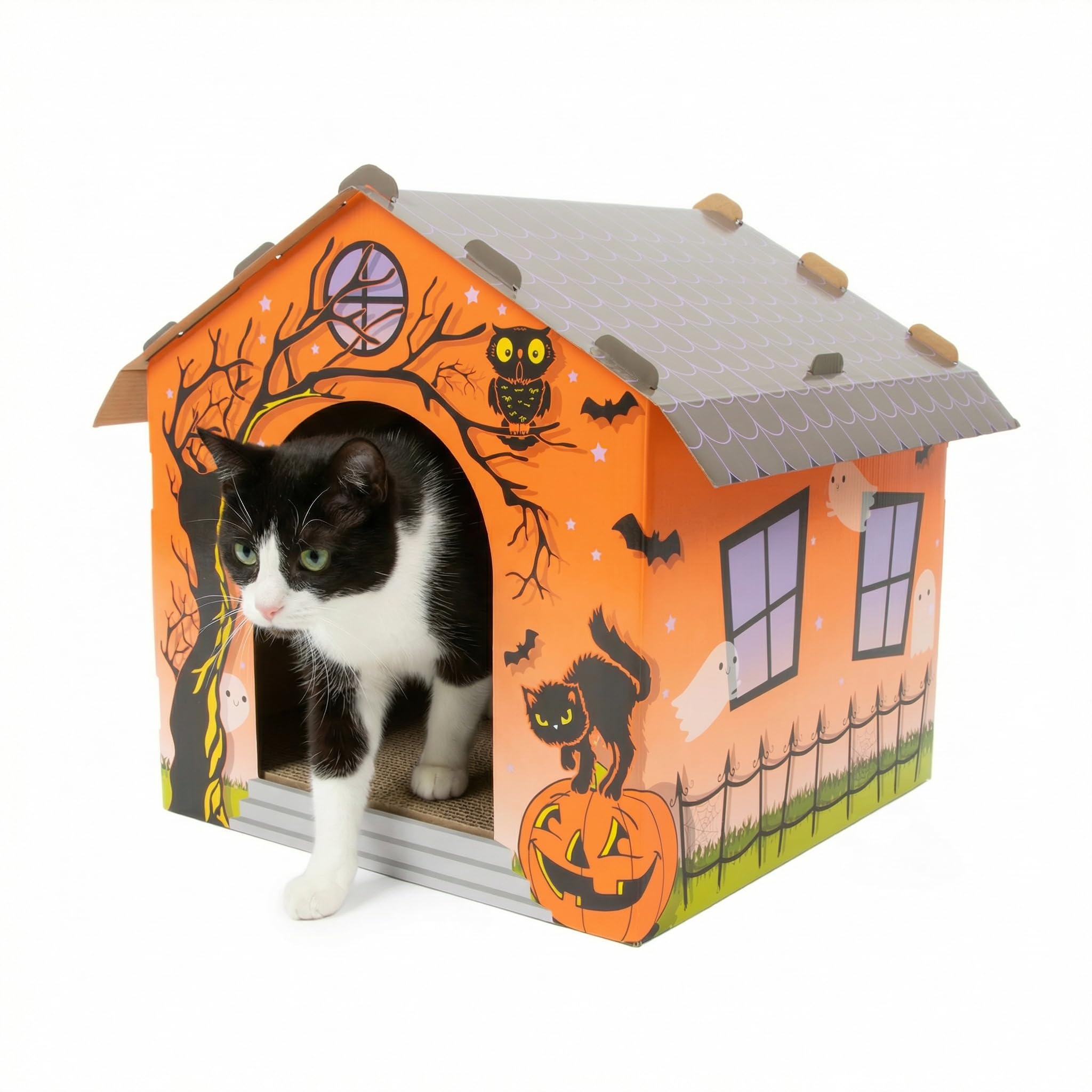 Kitty City Haunted House Halloween Cat Scratcher House - Corrugated Cardboard Kitty Scratching Cave & Catnip, Indoor Halloween Cat Toys, Spooky Decor Kitten Cave Hideout, Feline Lounger Bed – Orange