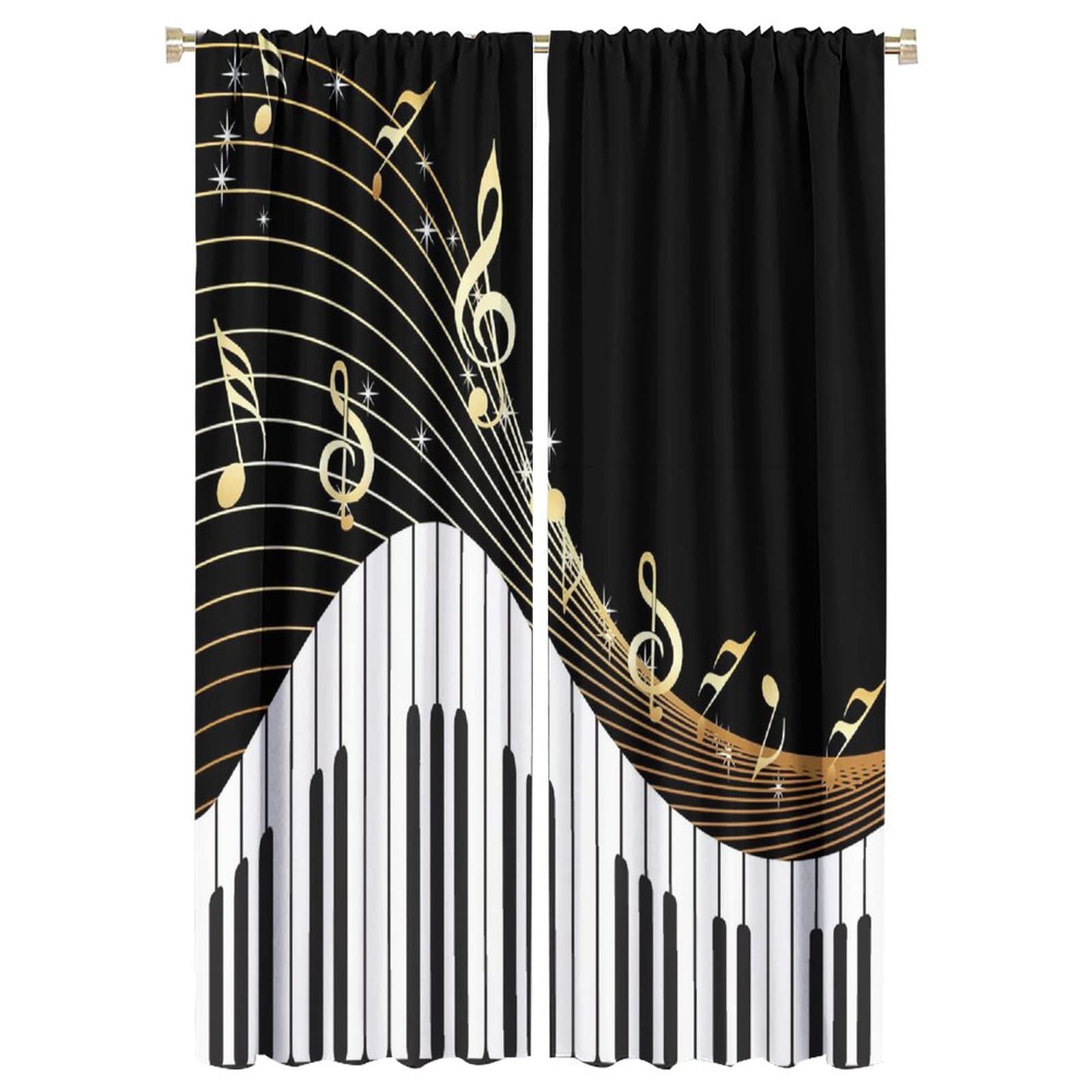 Music Note Blackout Curtains,Black White Piano Key Golden Musical Notes Room Darkening Door Window Rod Pocket Curtain for Living Room Bedroom W42xL63in