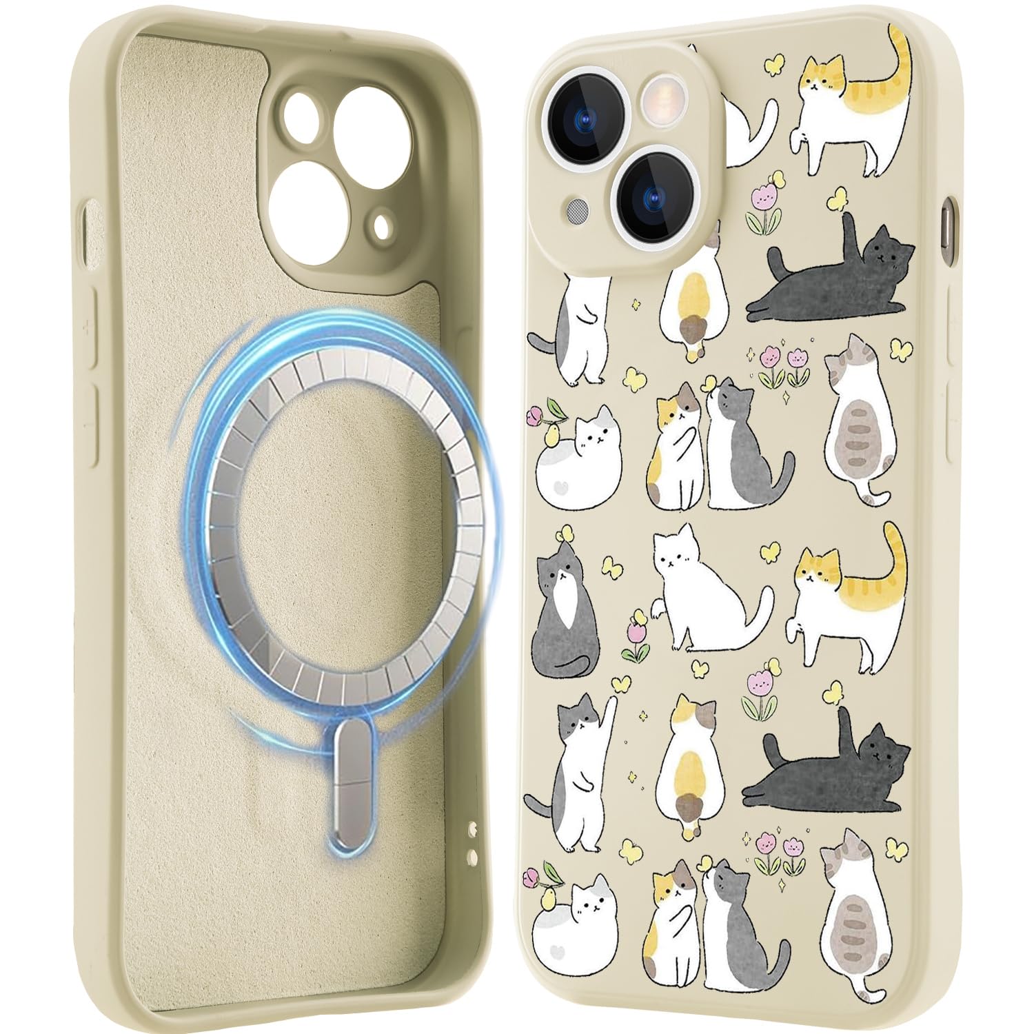 MAYCARI Magnetic Cute Cat Flower Phone Case for iPhone 15 Liquid Silicone Girly Cats Cases Soft Gel Rubber Full-Body Protective Microfiber Lining Shockproof Cover iPhone case