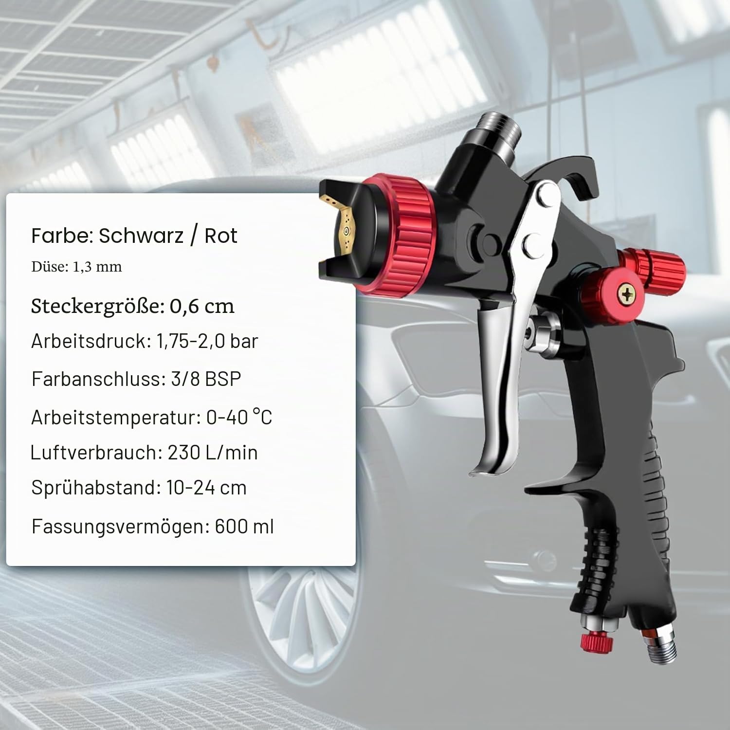HVLP Lackierpistole Druckluft 1,3mm Düse, Profi Farbsprühgerät Spritzpistole Sprühpistole Mit Mischbechersystem Druck Regler Für Autolackierung