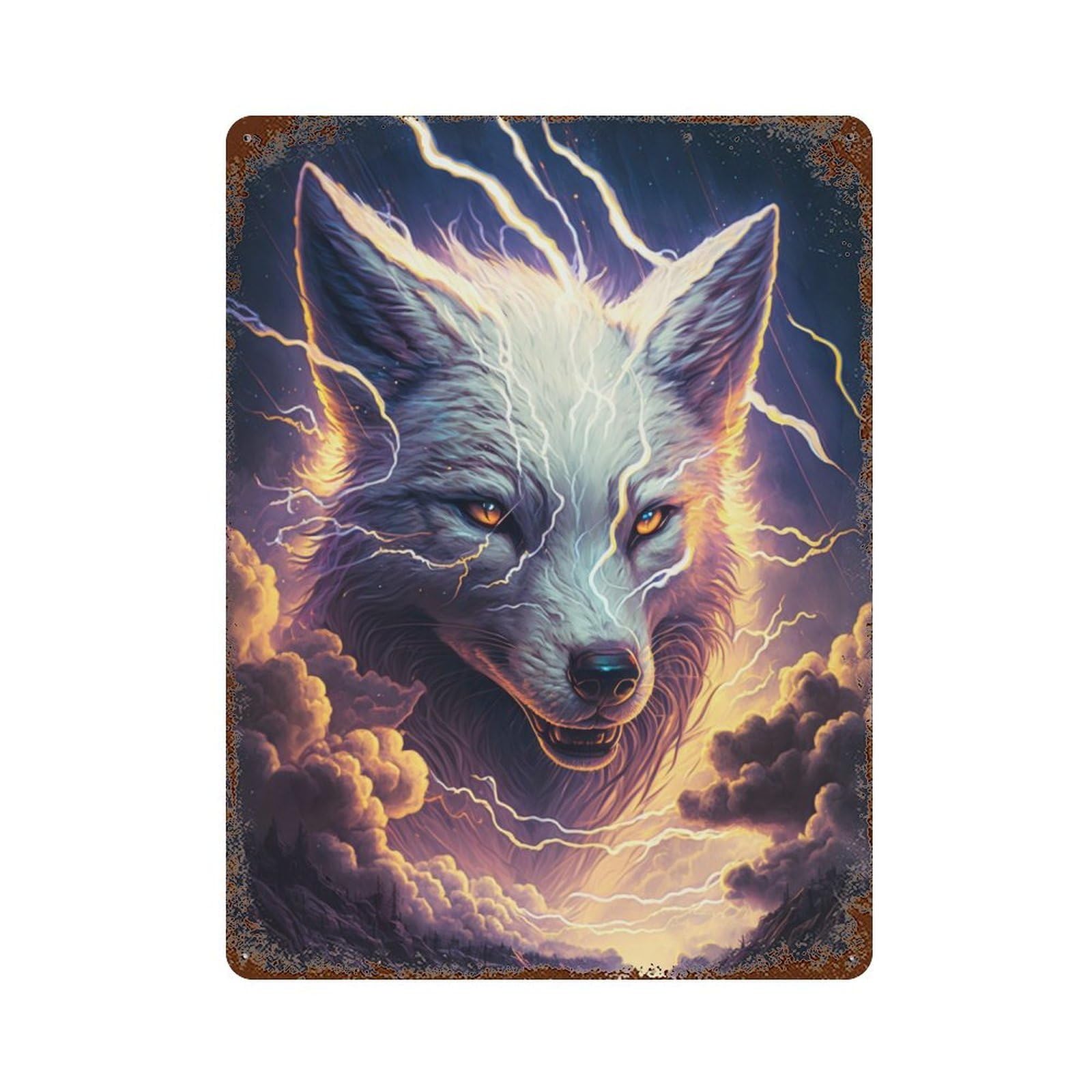 Rust Effect Thundering Wolf Spirit Retro Metal Sign 15.7"x11.8", Novelty Wall Decor for Bistro, Counter And Cafe Decor
