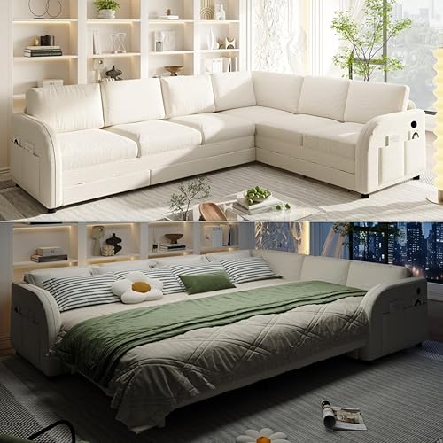 115.2'' Pull Out Couch Bed King Size, Convertible Sleeper Sofa, Oversized 6-Seater L-Shaped Couches with Side Pockets, USB, Teddy Reversible Sectional Sofa for Living Room, Apartment, Beige