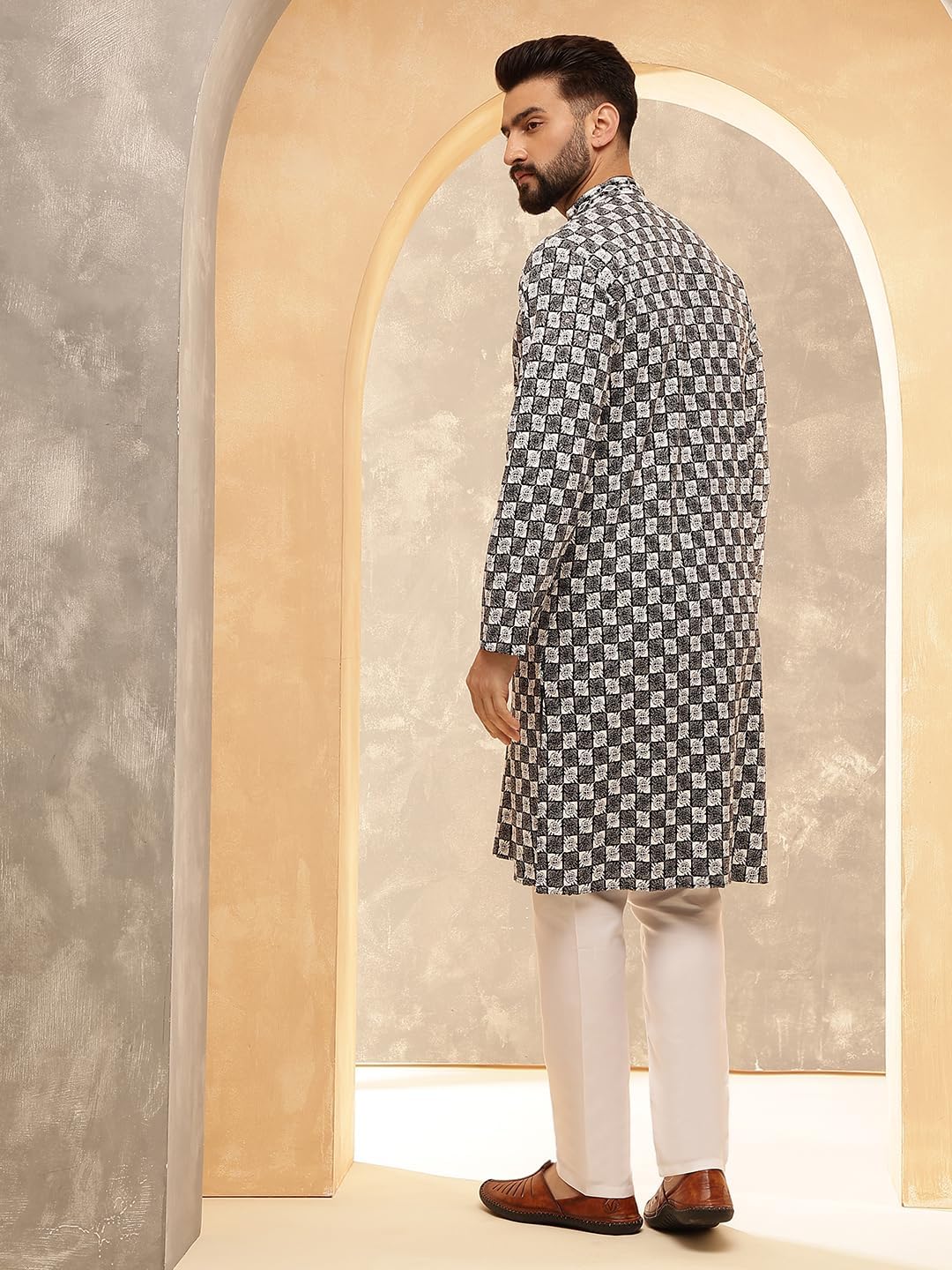 Sojanya (Since 1958 Men'S Cotton Rayon Embroidered Sequinned Kurta With White Pyjama