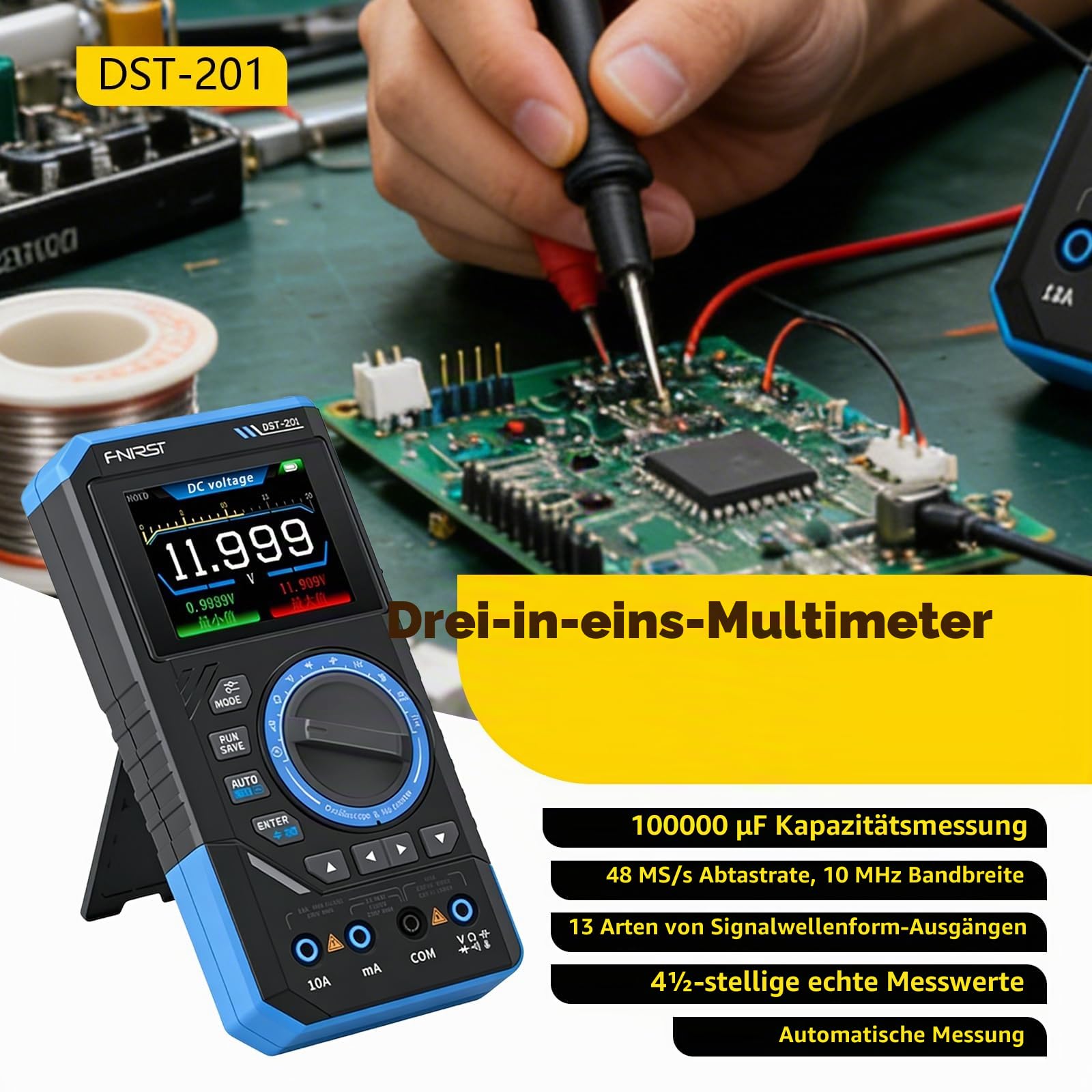 DST-210 Handheld Oszilloskop, 3 in 1 Digitales Oszilloskop Tragbar 1MHz 5MSa/s Abtastrate 19999 Counts TRMS 2.8'' TFT Signalgenerator AC/DC Spannungstest Kondensator Widerstand Diode