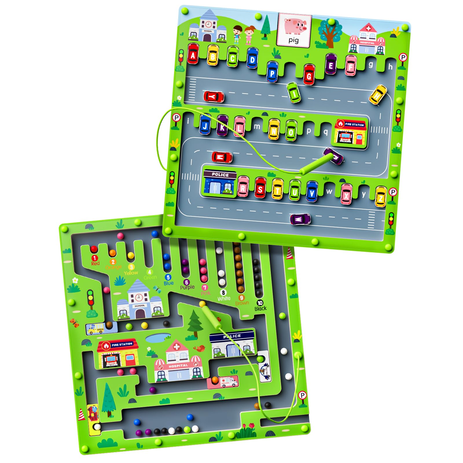 2 in 1 Magnetic Color and Number Maze Magnet Alphabet Counting Car Puzzle Double Sided Board Fine Motor Skills Montessori Educational Preschool Toys for Boys and Girls (Car)