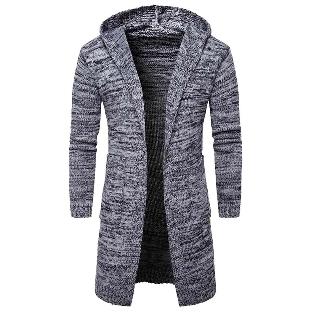 Wekumgy Mens Long Hooded Cardigan Sweater Mid Length Shawl Collar Open Front Sweaters Long Sleeve Knitwear Coats Grey